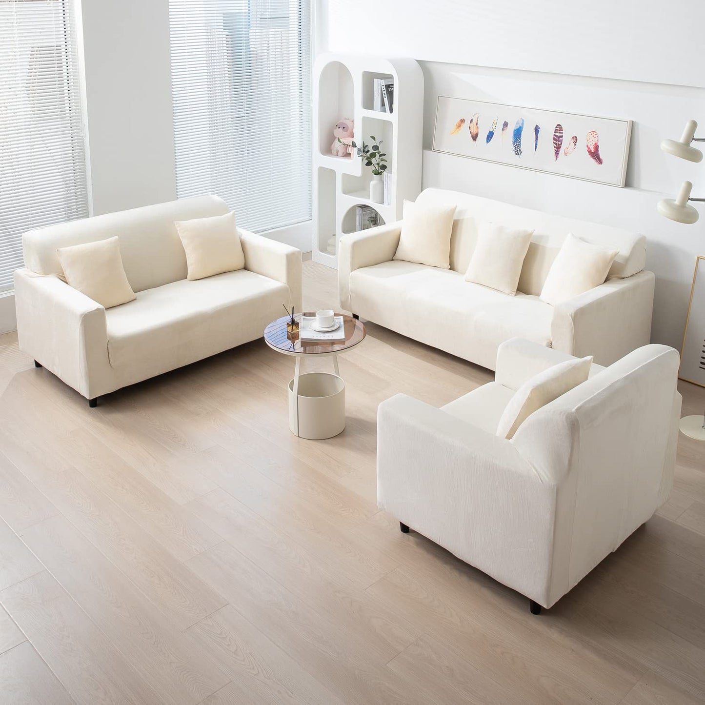 Beige premium elastic velvet sofa cover for 3+2+1 seater sofa set
