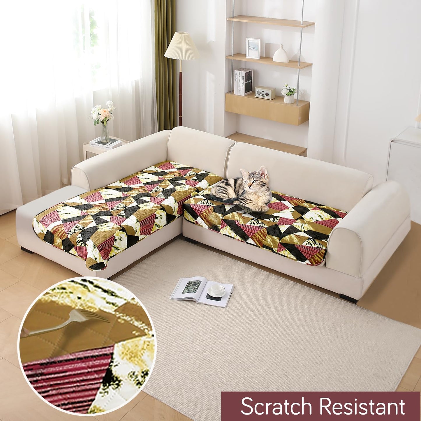 HOKIPO Waterproof Printed Quilted Quick Dry L Shape Sofa Seat Cover Mat, Wine Abstract Geometry