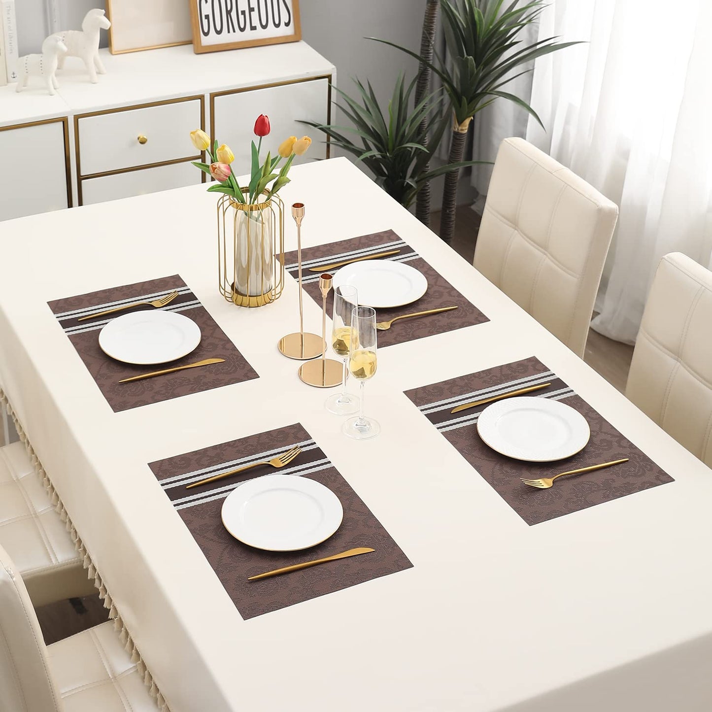 PVC Dining Table Mats, Damask Brown
