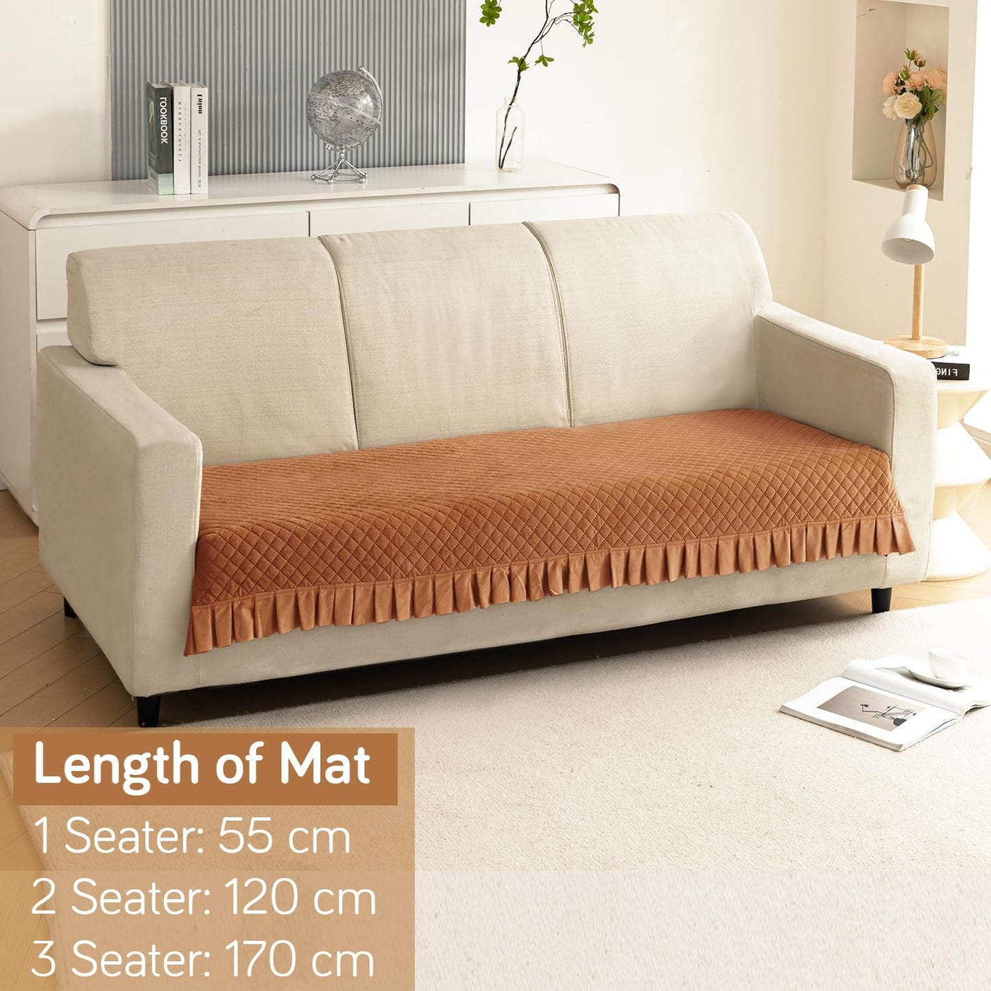 Holland Velvet Sofa Cover Seat Mat with Frill for 1/2/3 - Seater, Copper