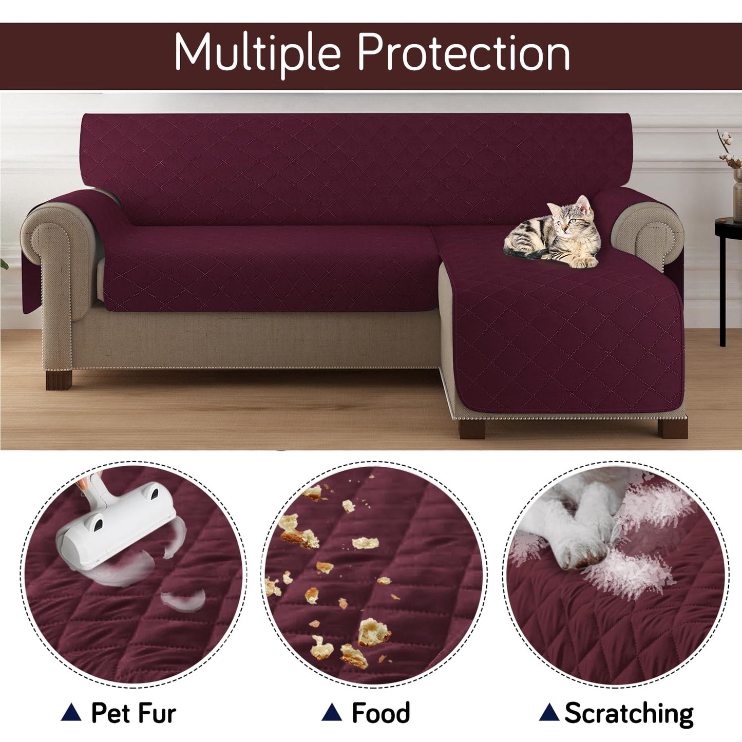 Quilted Reversible One Piece L Shape 4/5/6 Seater Sofa Cover Mat, Burgundy