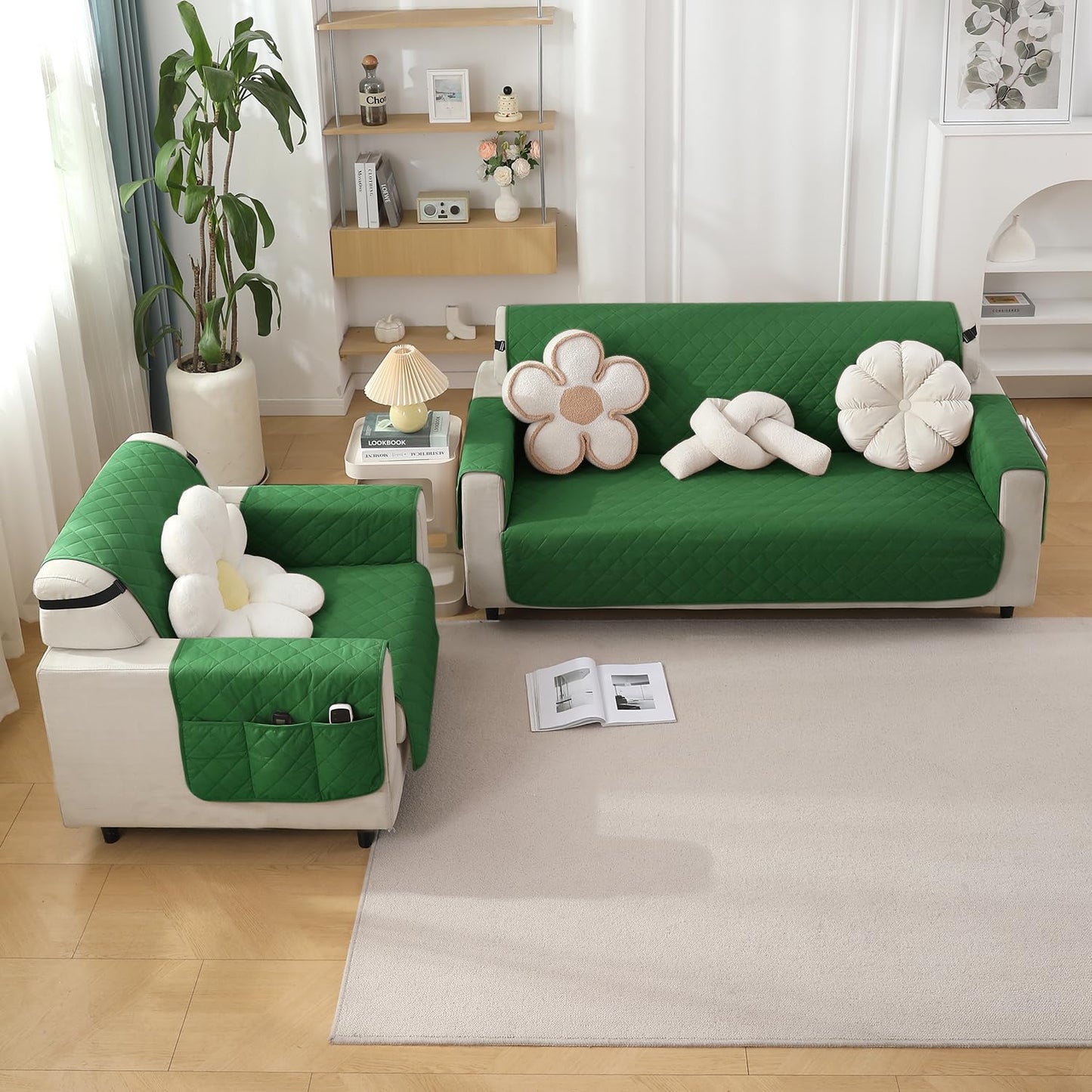 Quilted Waterproof Sofa Cover Mat with Pockets on Armrest Cover - Green