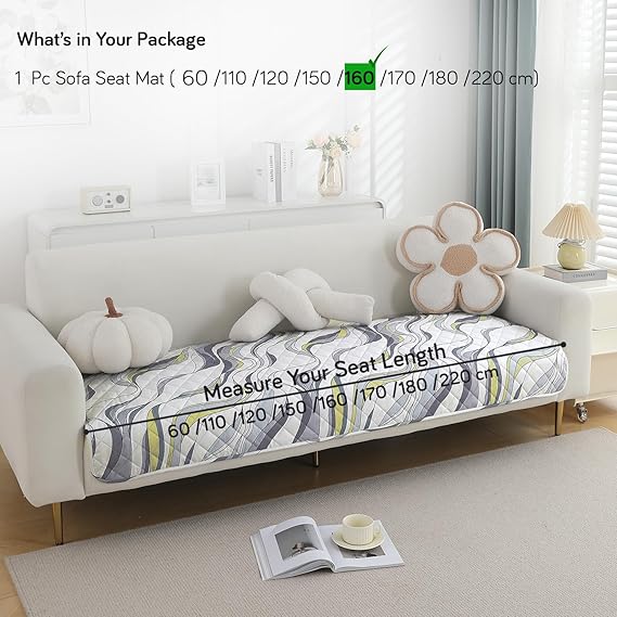 Quilted, Waterproof and Anti-Slip Sofa Cover Mat, Curved Lines Pearl White