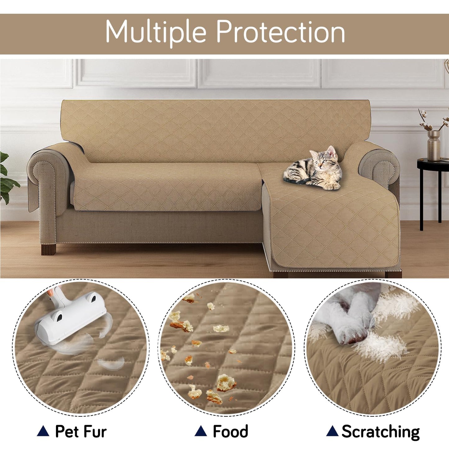 HOKIPO Quilted Reversible One Piece L Shape 4/5/6 Seater Sofa Cover Mat, Camel