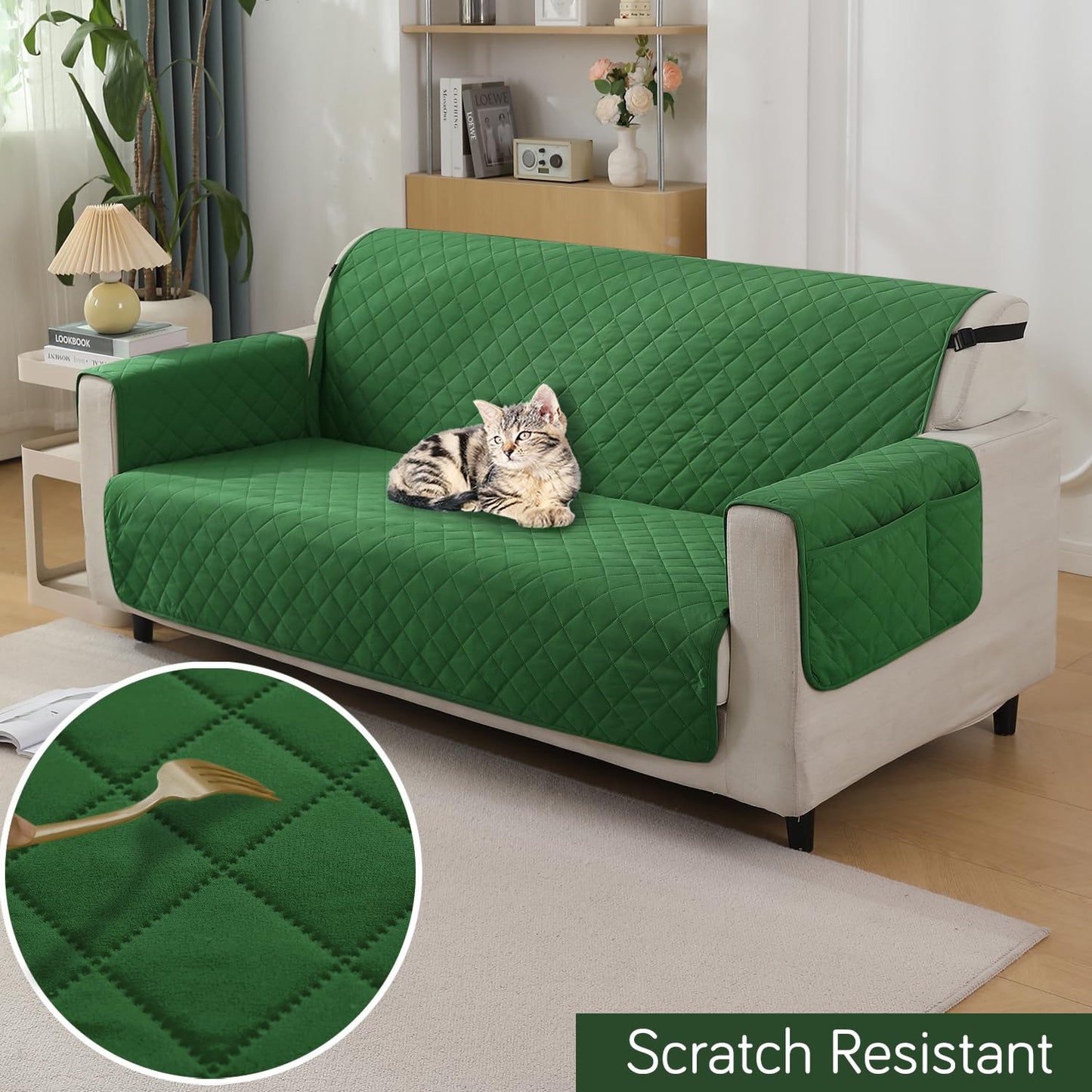 Quilted Waterproof Sofa Cover Mat with Pockets on Armrest Cover - Green