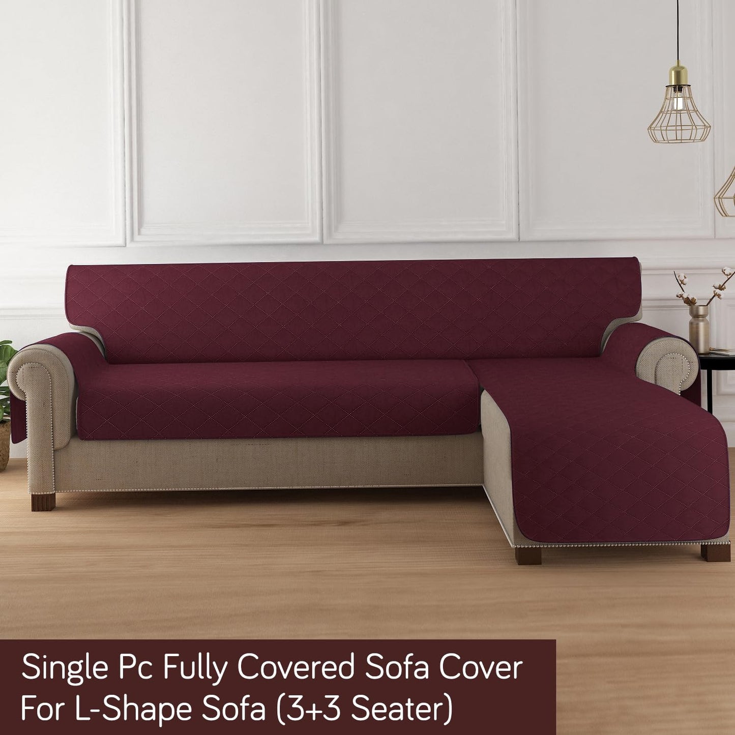 Quilted Reversible One Piece L Shape 4/5/6 Seater Sofa Cover Mat, Burgundy