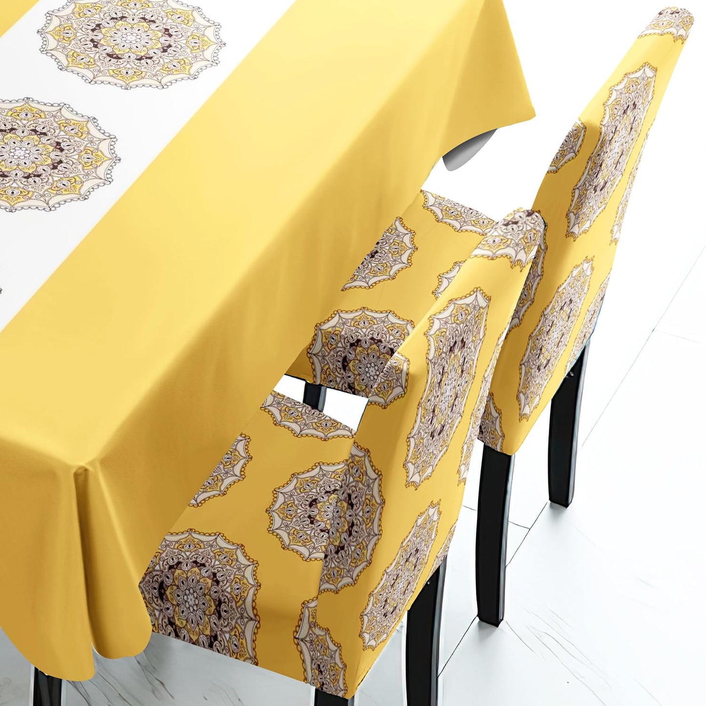 Yellow Printed Dining Table Cover with Chair Covers | 4/6 Seater