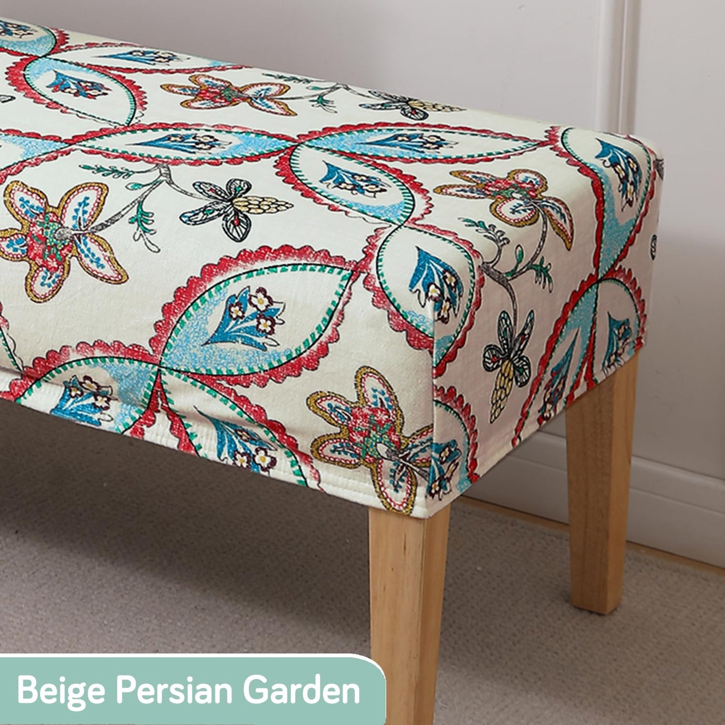 Premium Printed Velvet Stretchable Dining Bench Slipcover, Beige Persian Garden