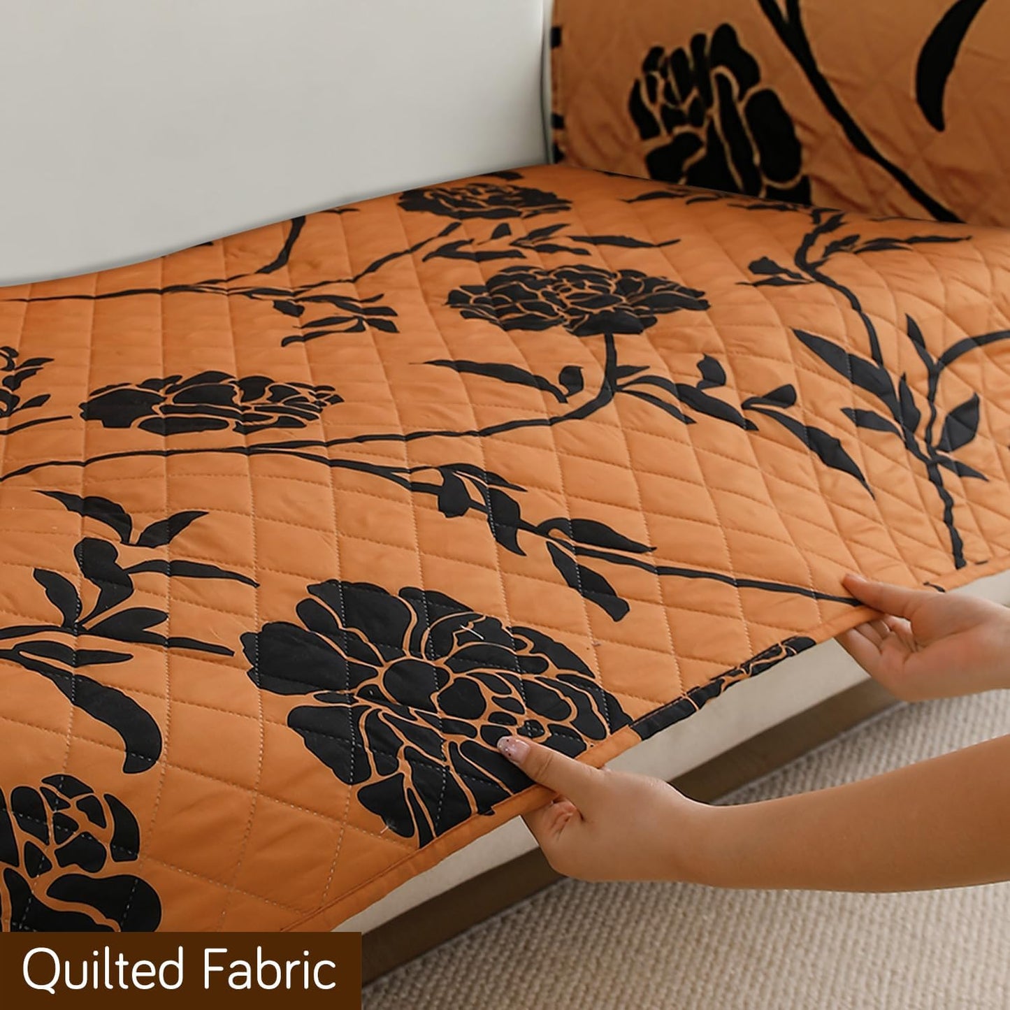 HOKIPO Waterproof Quilted Sofa Seat Mat for 1/2/3 Seater with 2 Armrest Covers with Pockets, Copper Brown Floral