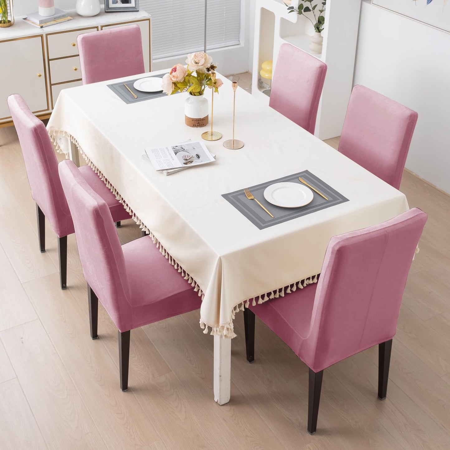 Elastic Stretchable Premium Velvet Dining Chair Cover, Pink