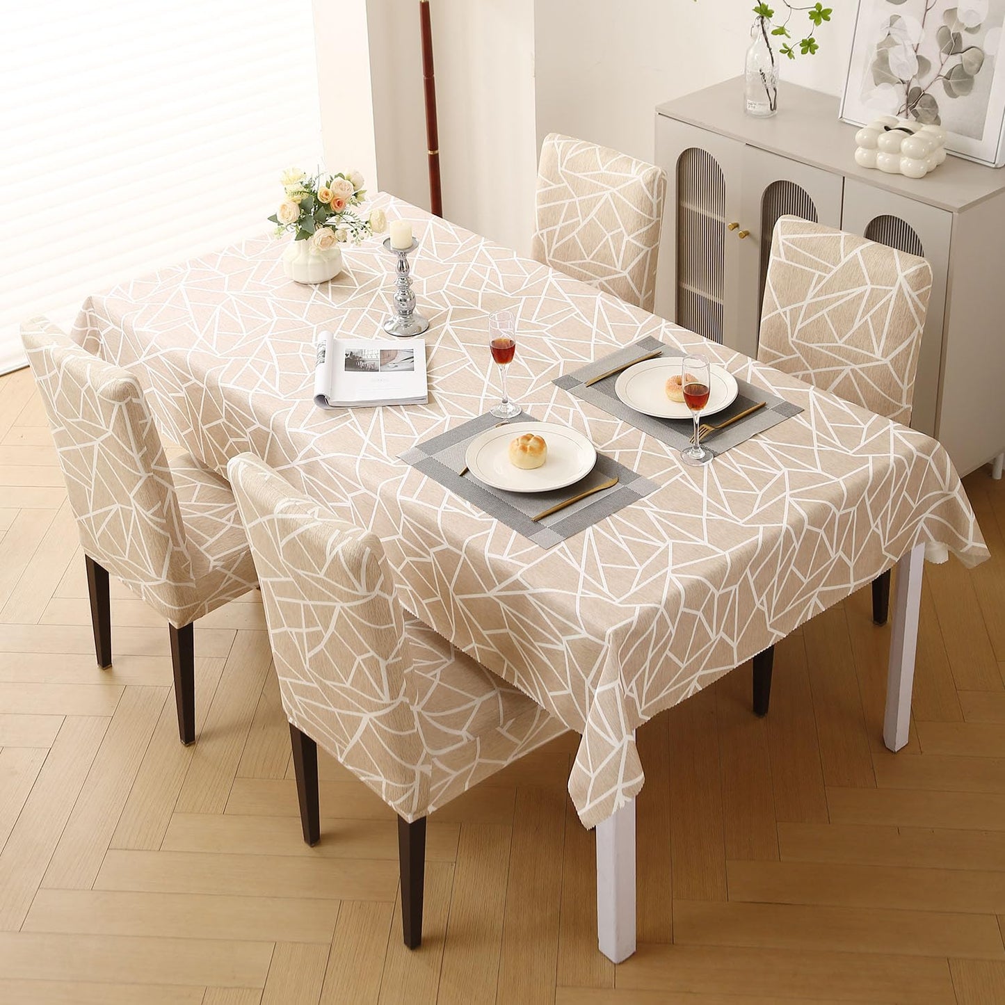 Elastic Dining Chair Covers with Matching Tablecloth, Beige Abstract Geometry