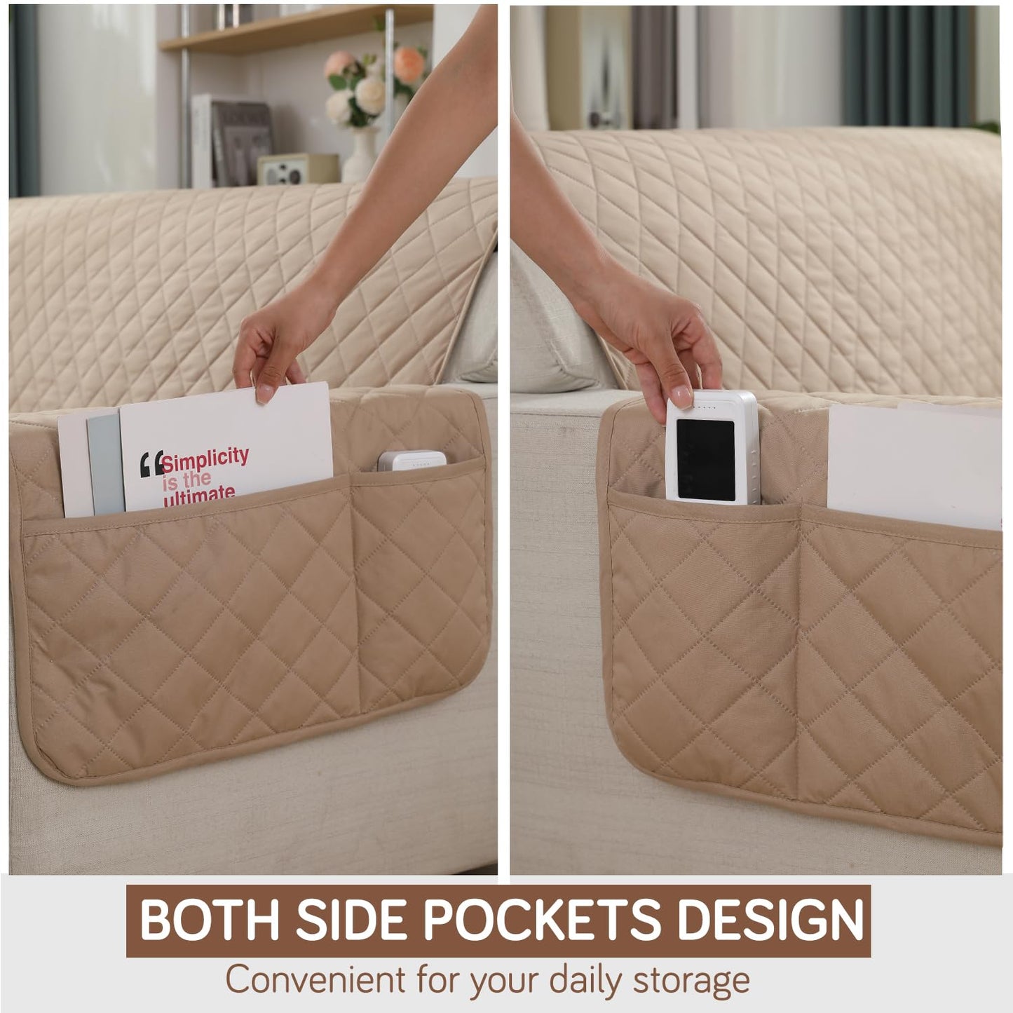 Beige Colour Quilted Waterproof Sofa Cover Set with Handy Side Pockets