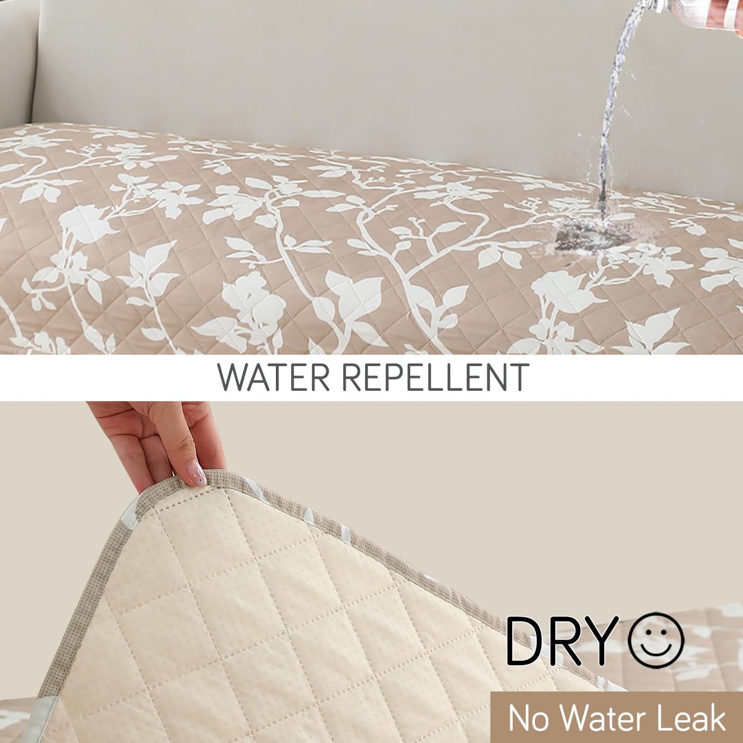 HOKIPO Waterproof Printed Quilted Quick Dry L Shape Sofa Seat Cover Mat, Buff Brown Sillehoute Floral