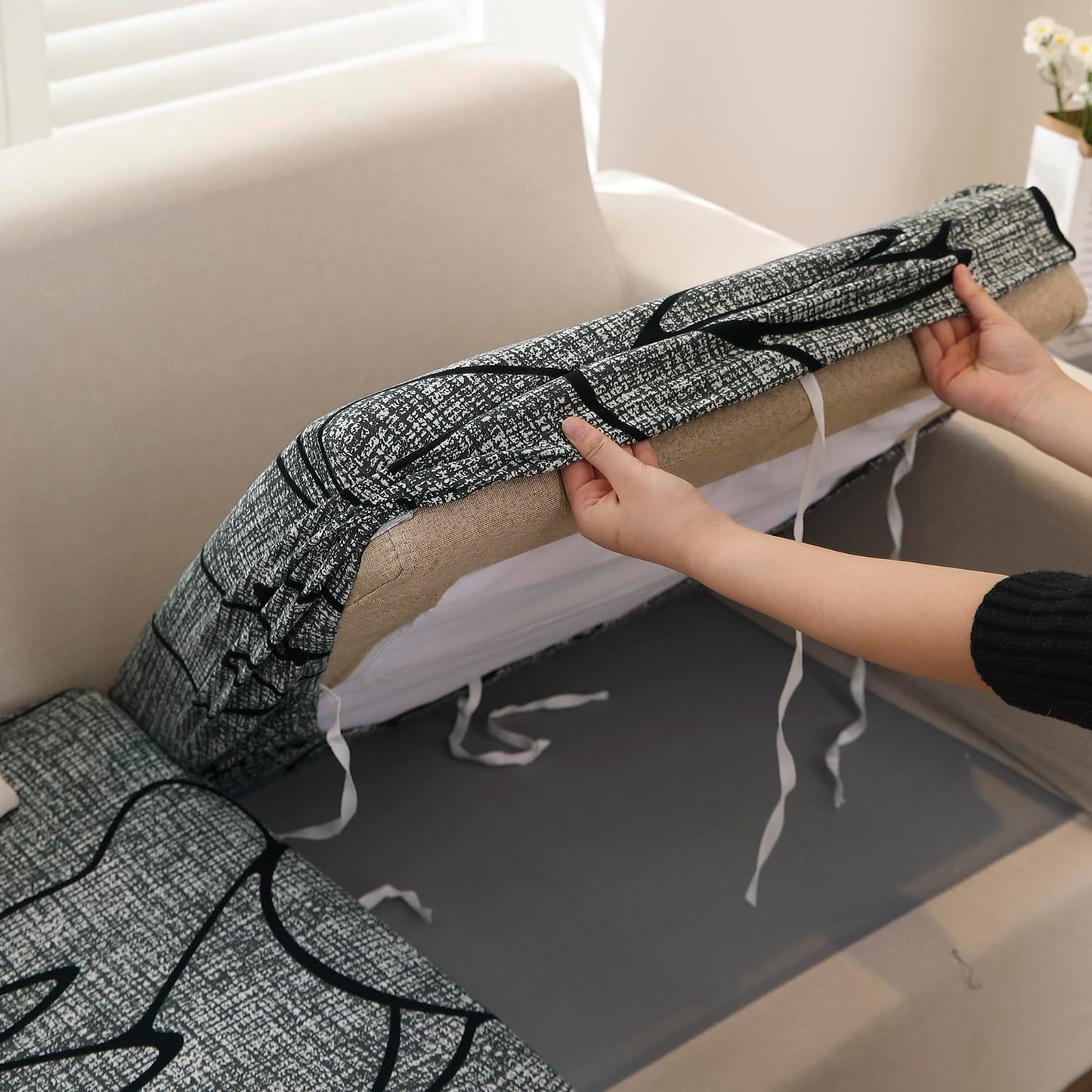 140 GSM Stretchable Printed Elastic Sofa Cushion Seat Cover for 1 /2 /3 Seaters / Pieces for Sofa, Intense Grey Abstract Floral