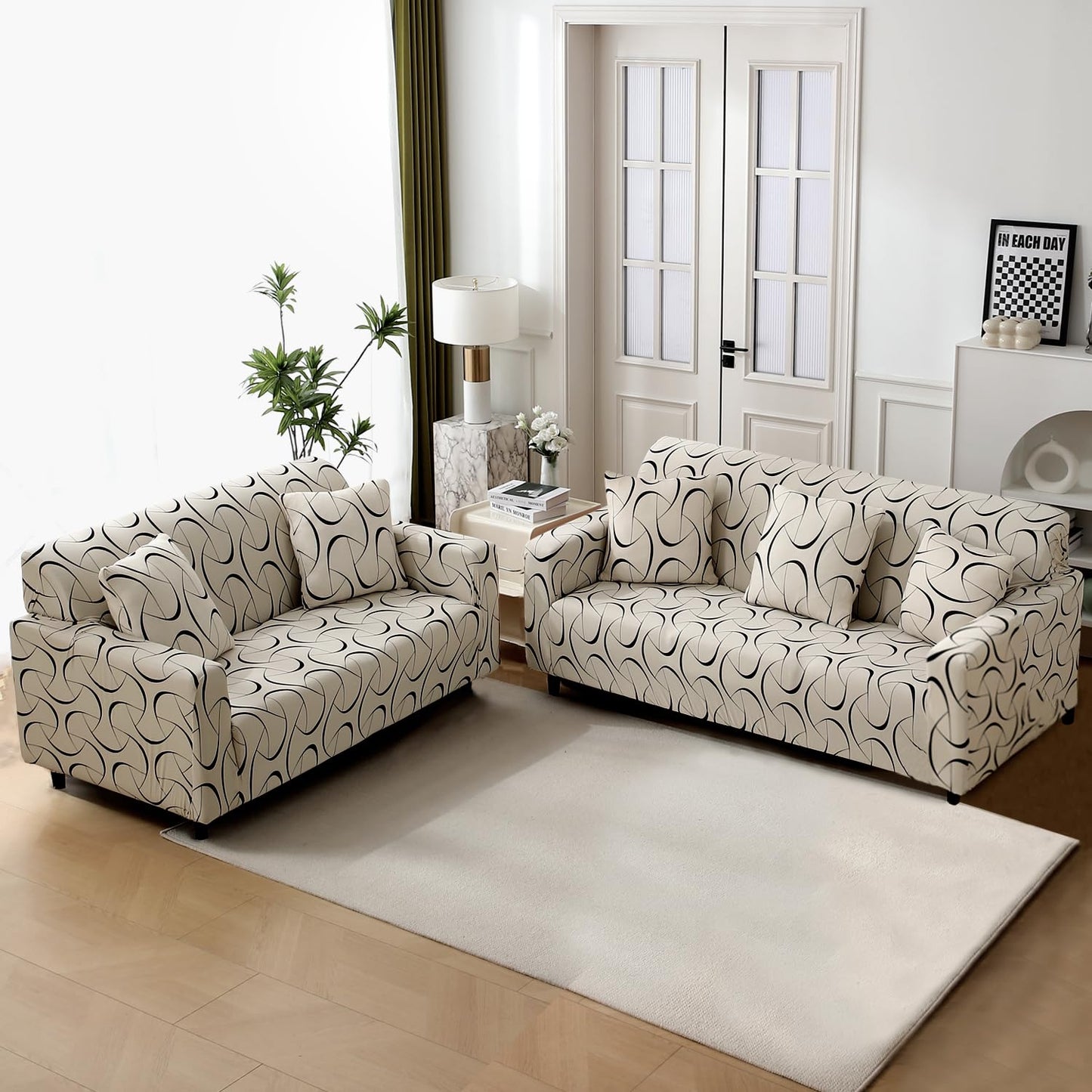 Elastic Stretchable Printed 140gsm Fully Covered Sofa Cover, Natural Beige Abstract Art