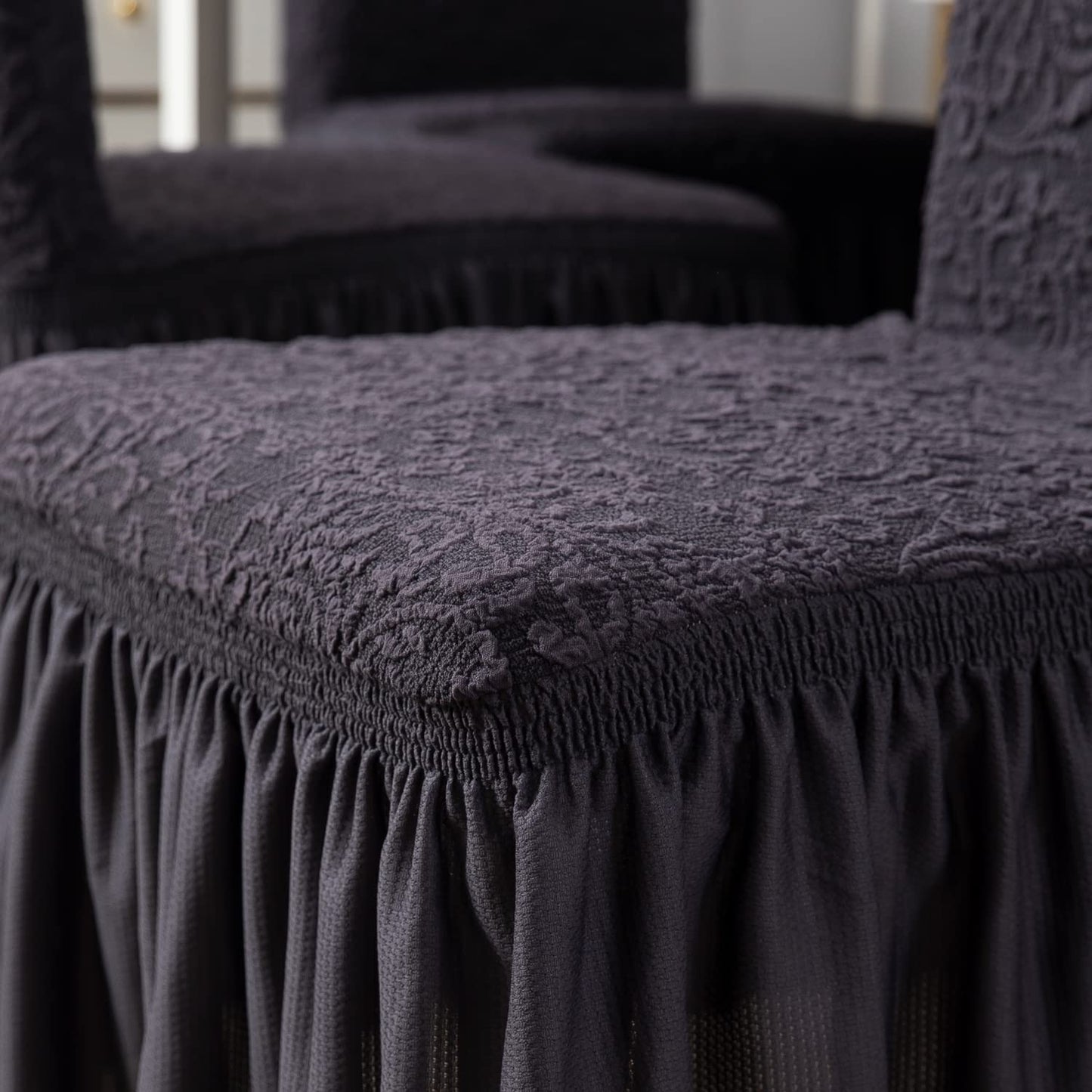 Elastic Stretchable Designer Woven Jacquard Dining Chair Cover with Frill, Abbey Grey