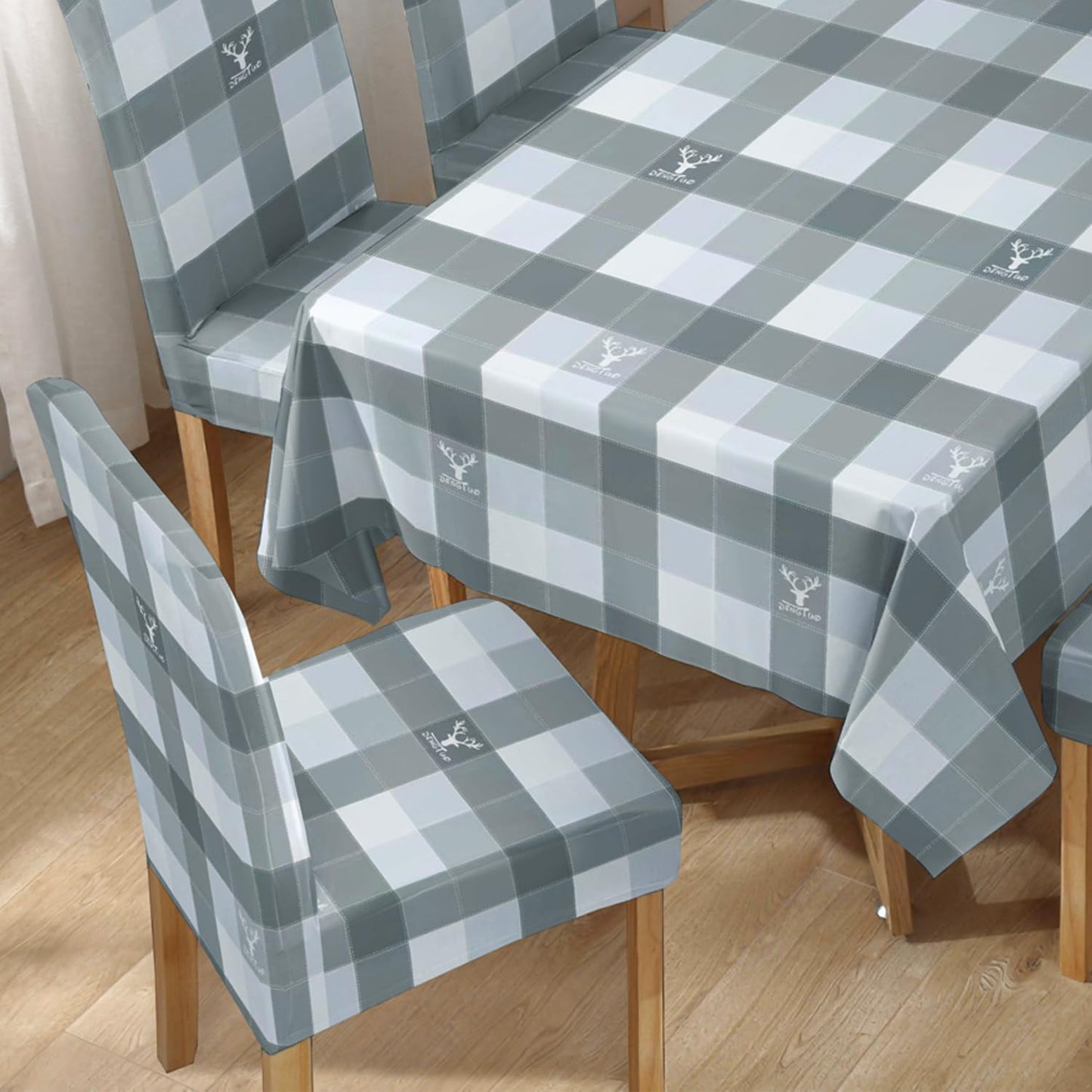 Polyester Dining Chair Covers Set of 4/6 with Matching Tablecloth, Checks Grey