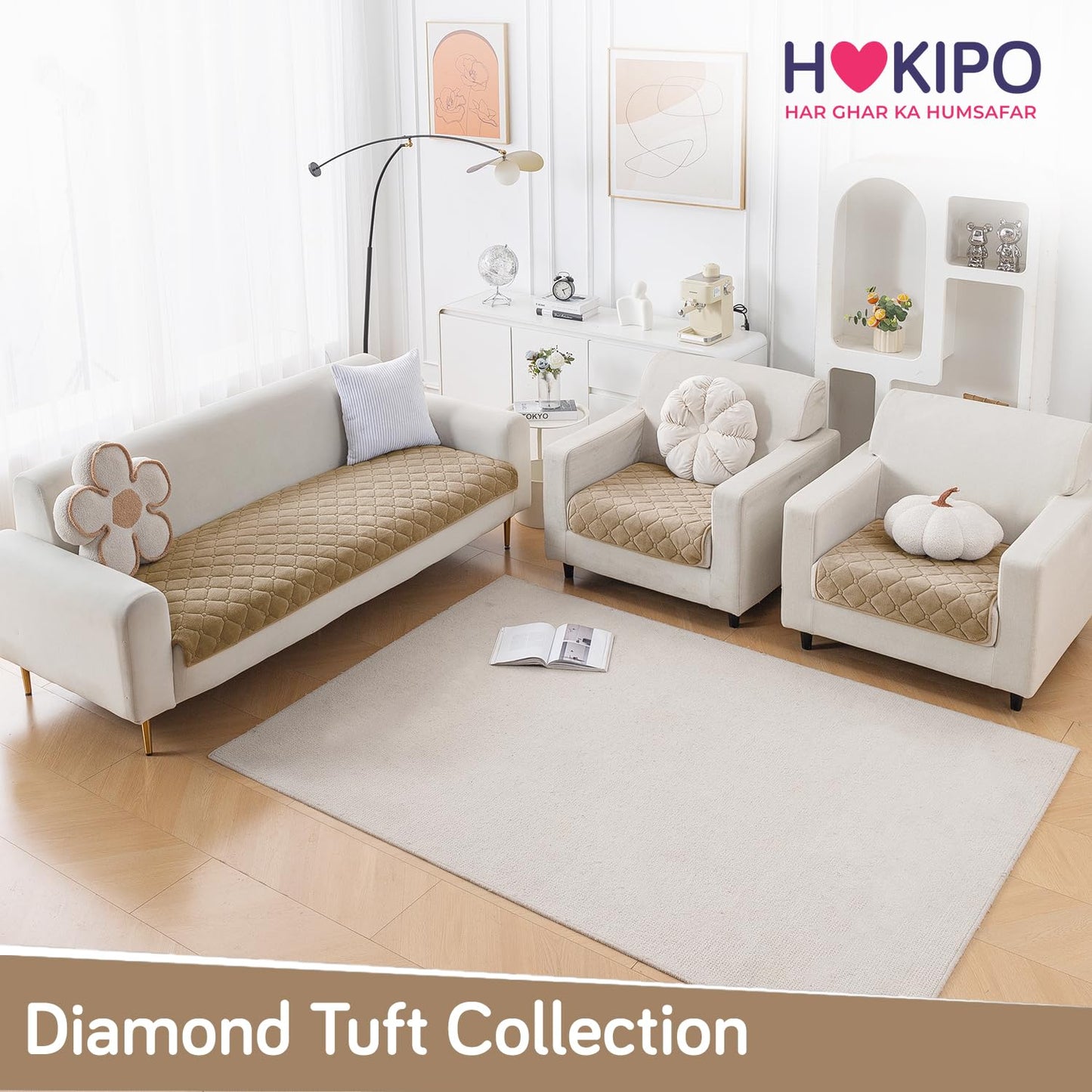 Diamond Tuft Quilted 5-Seater Sofa Mat (3+1+1), Anti-Slip, Sand Beige