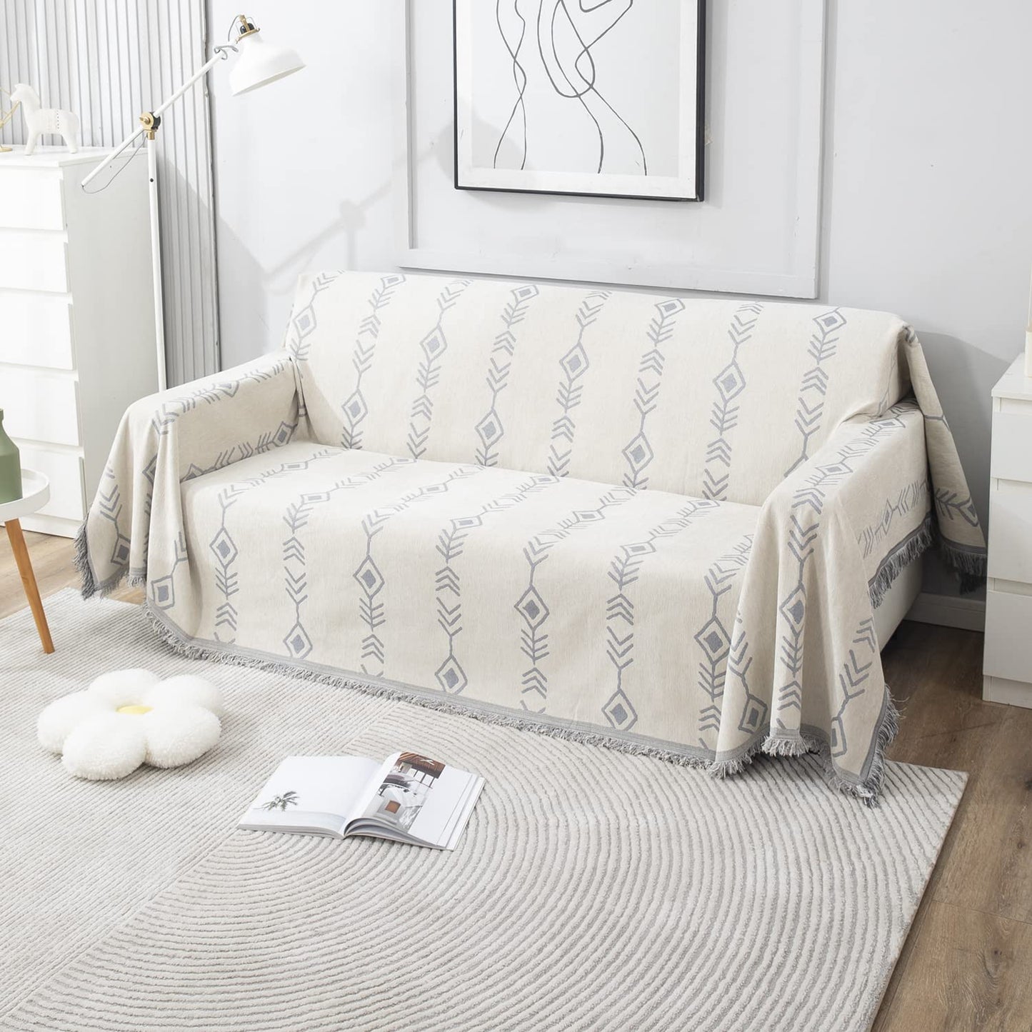 Thick, Soft and Pet Friendly Chenille Sofa Cover Throw, Off-White Aztec