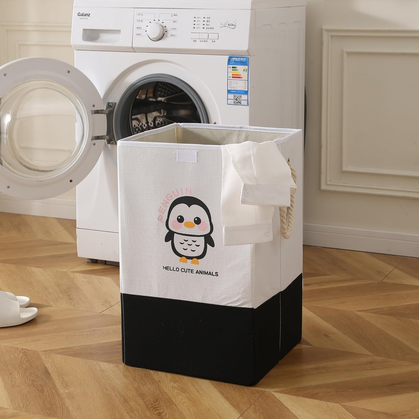 Foldable Laundry Basket for Clothes with Lid, Black - Penguin