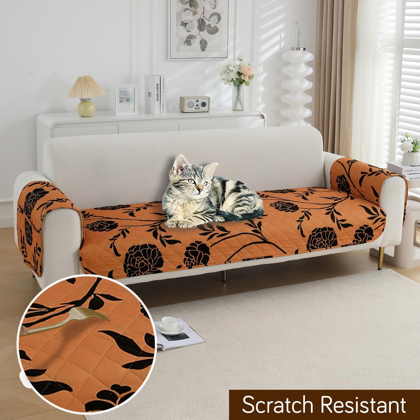 HOKIPO Waterproof Quilted Sofa Seat Mat for 1/2/3 Seater with 2 Armrest Covers with Pockets, Copper Brown Floral