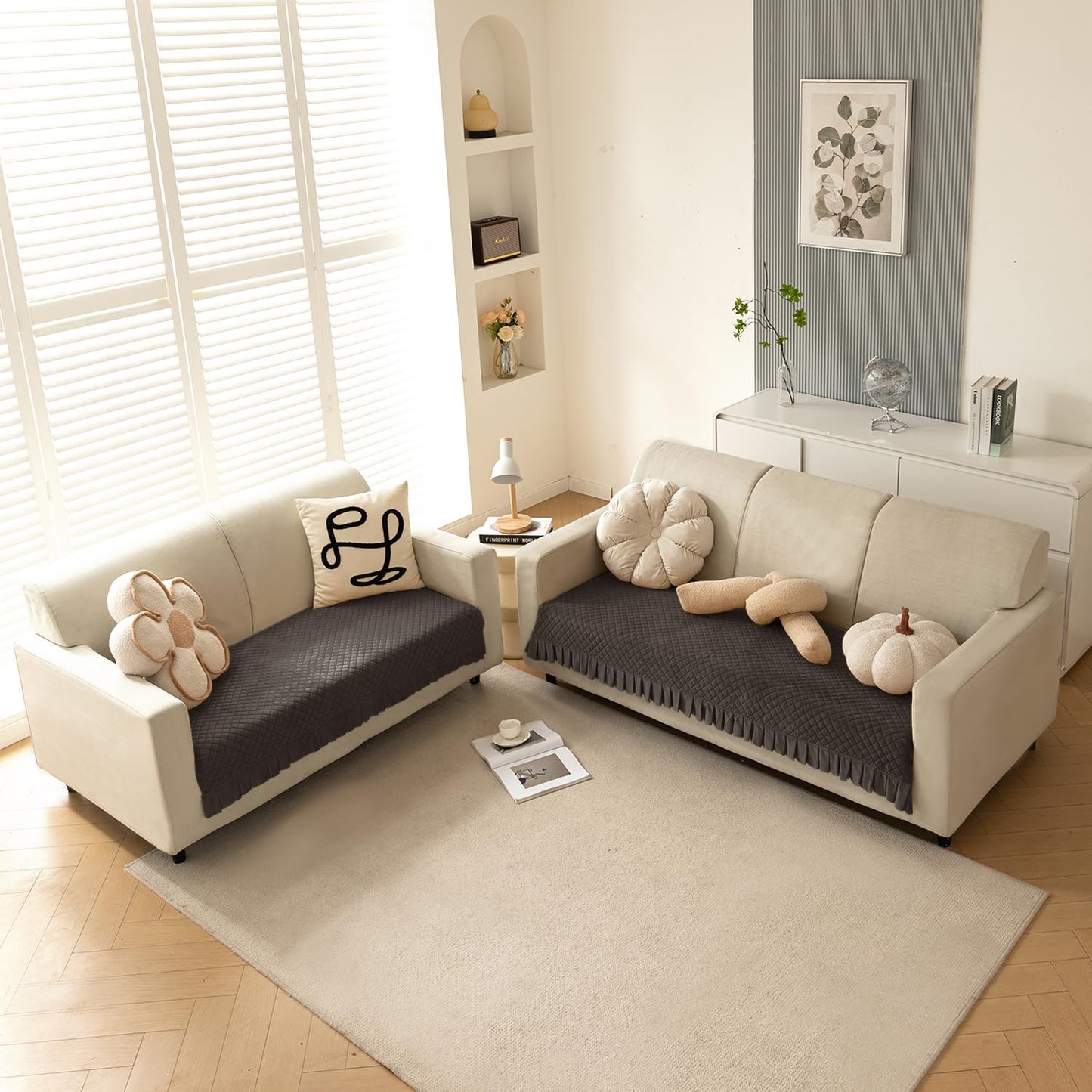 Holland Velvet Sofa Cover Seat Mat with Frill for 1/2/3 - Seater, Dark Grey