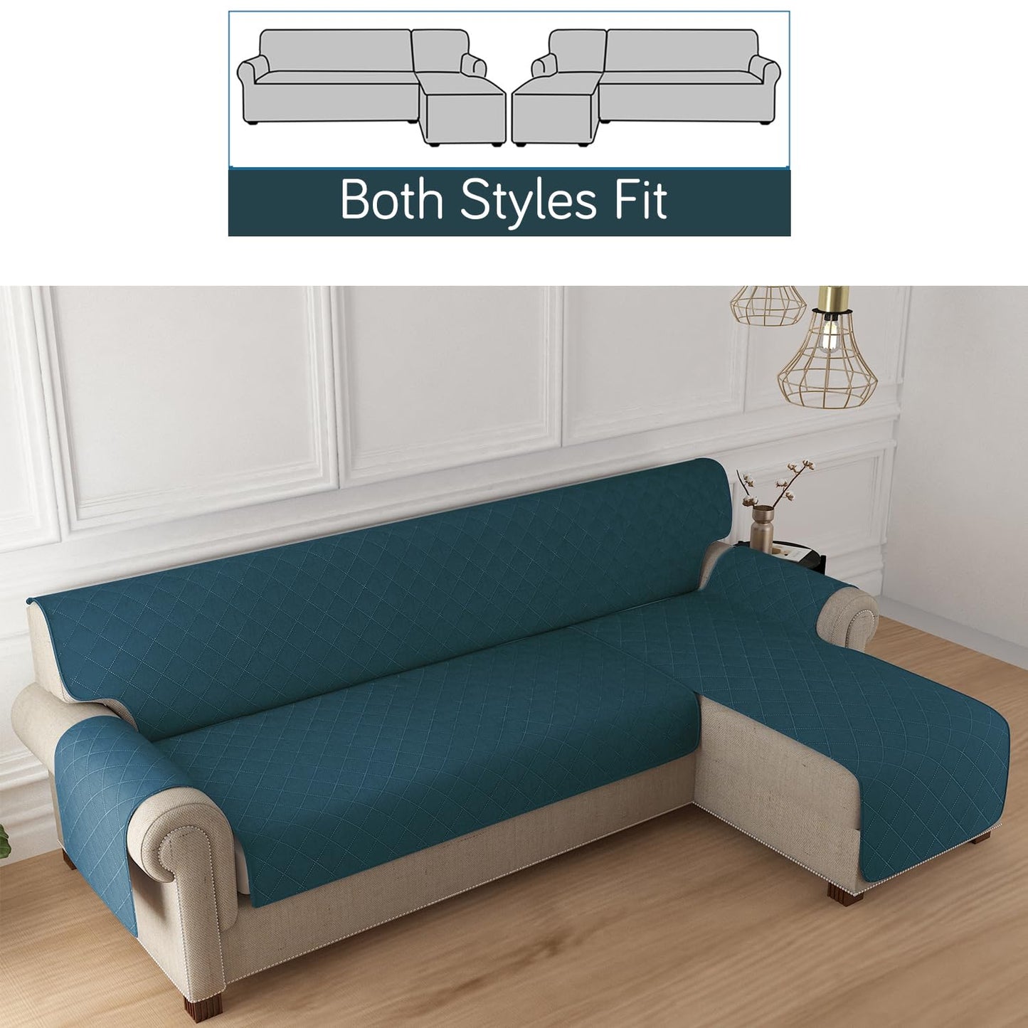 Quilted Reversible One Piece L Shape 4/5/6 Seater Sofa Cover Mat, Peacock Blue