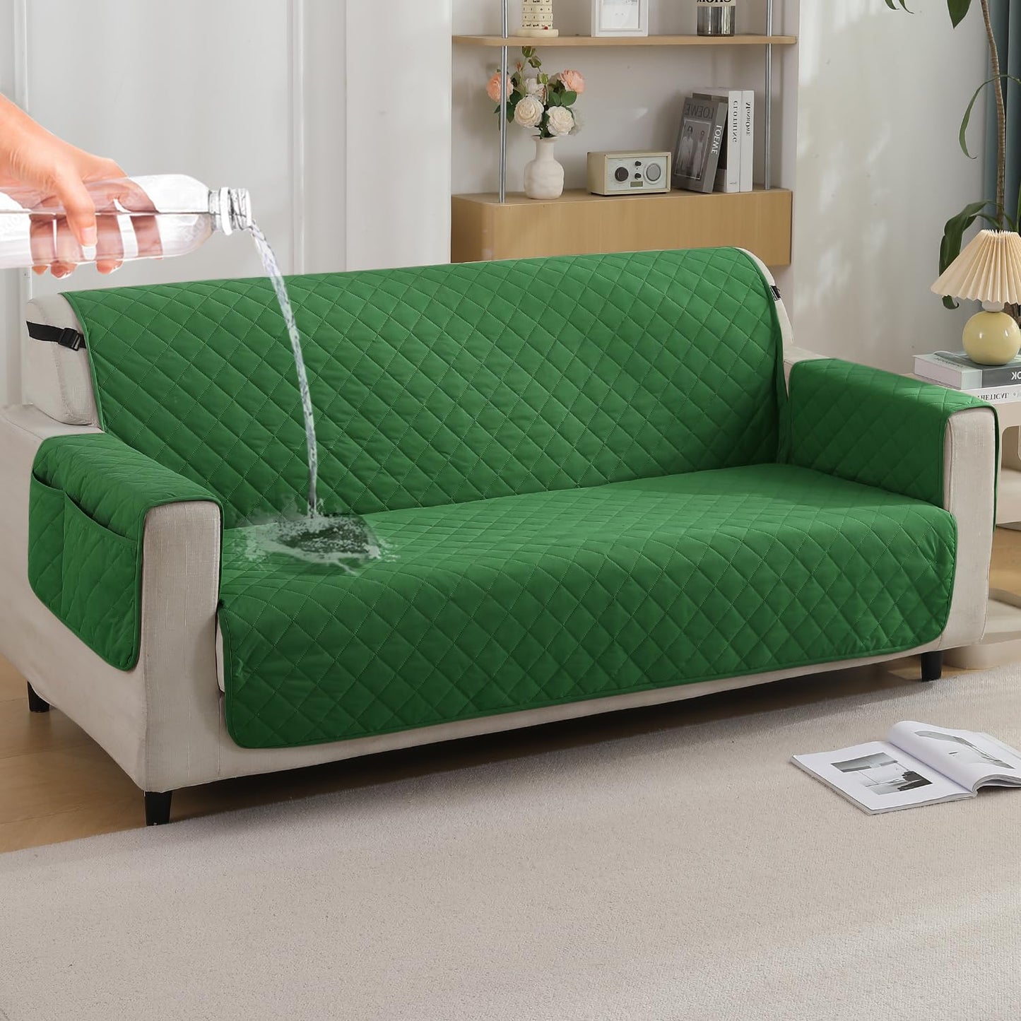 Quilted Waterproof Sofa Cover Mat with Pockets on Armrest Cover - Green