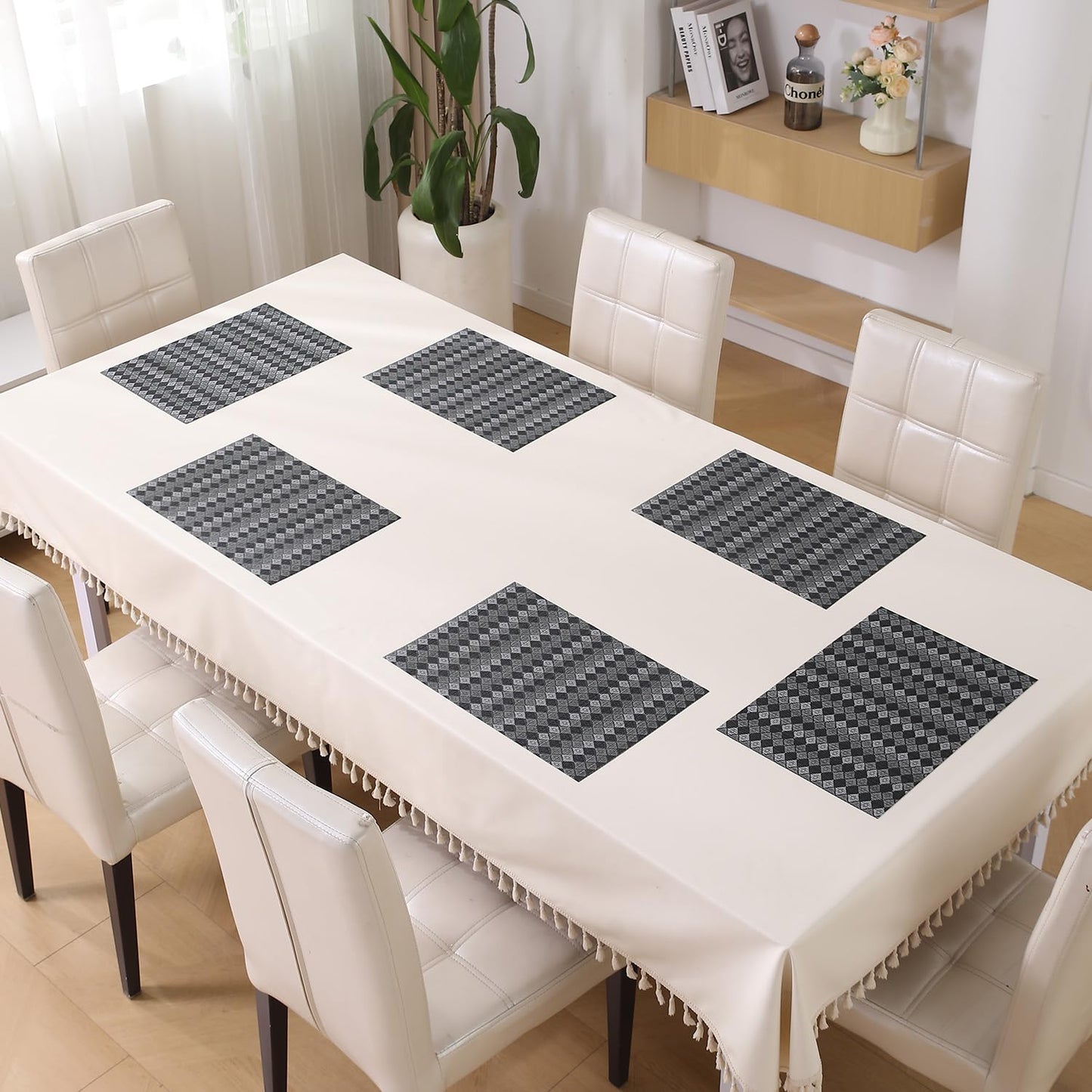 PVC Dining Table Mats and Runner Set of 4/6, Raven Black Rhombus