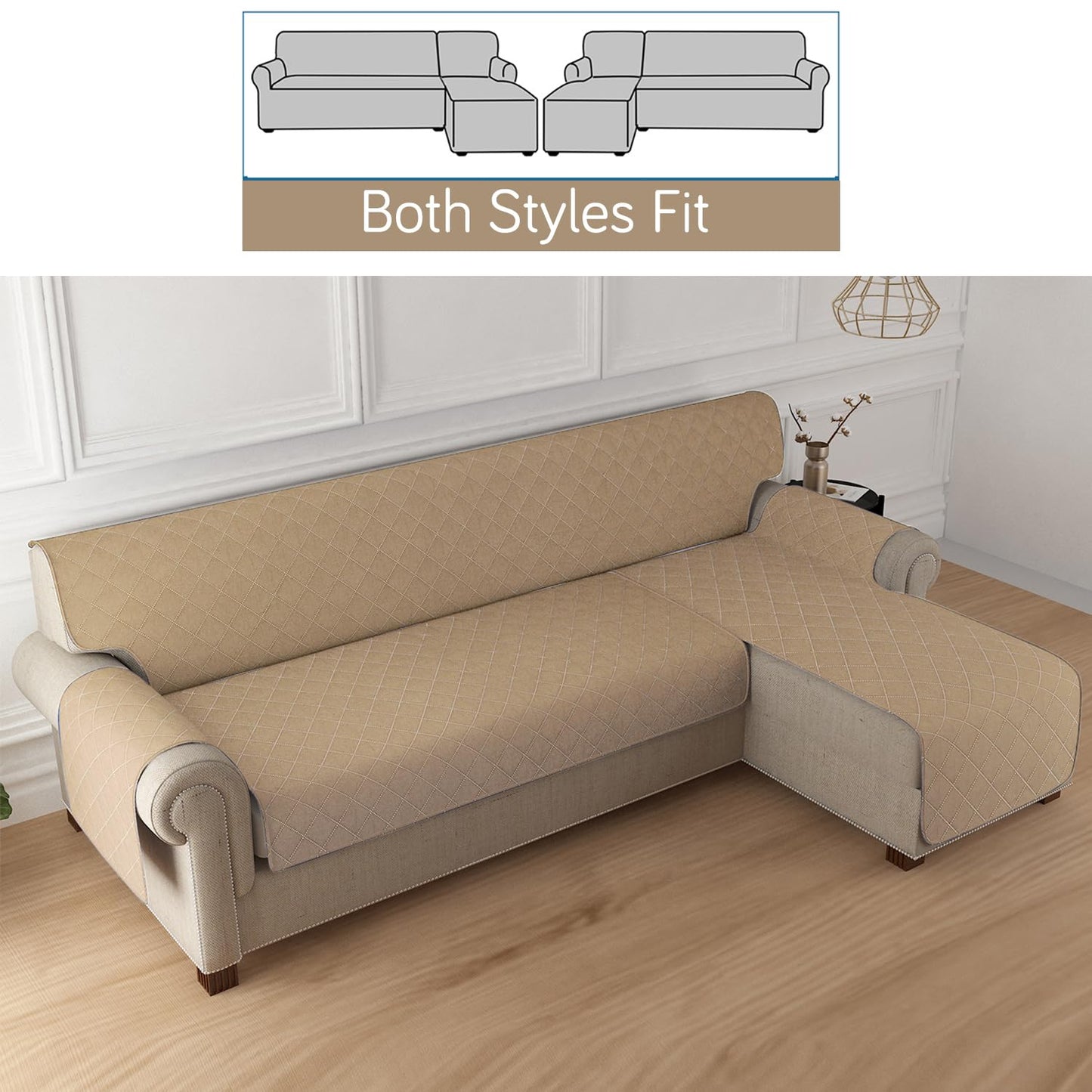 HOKIPO Quilted Reversible One Piece L Shape 4/5/6 Seater Sofa Cover Mat, Camel