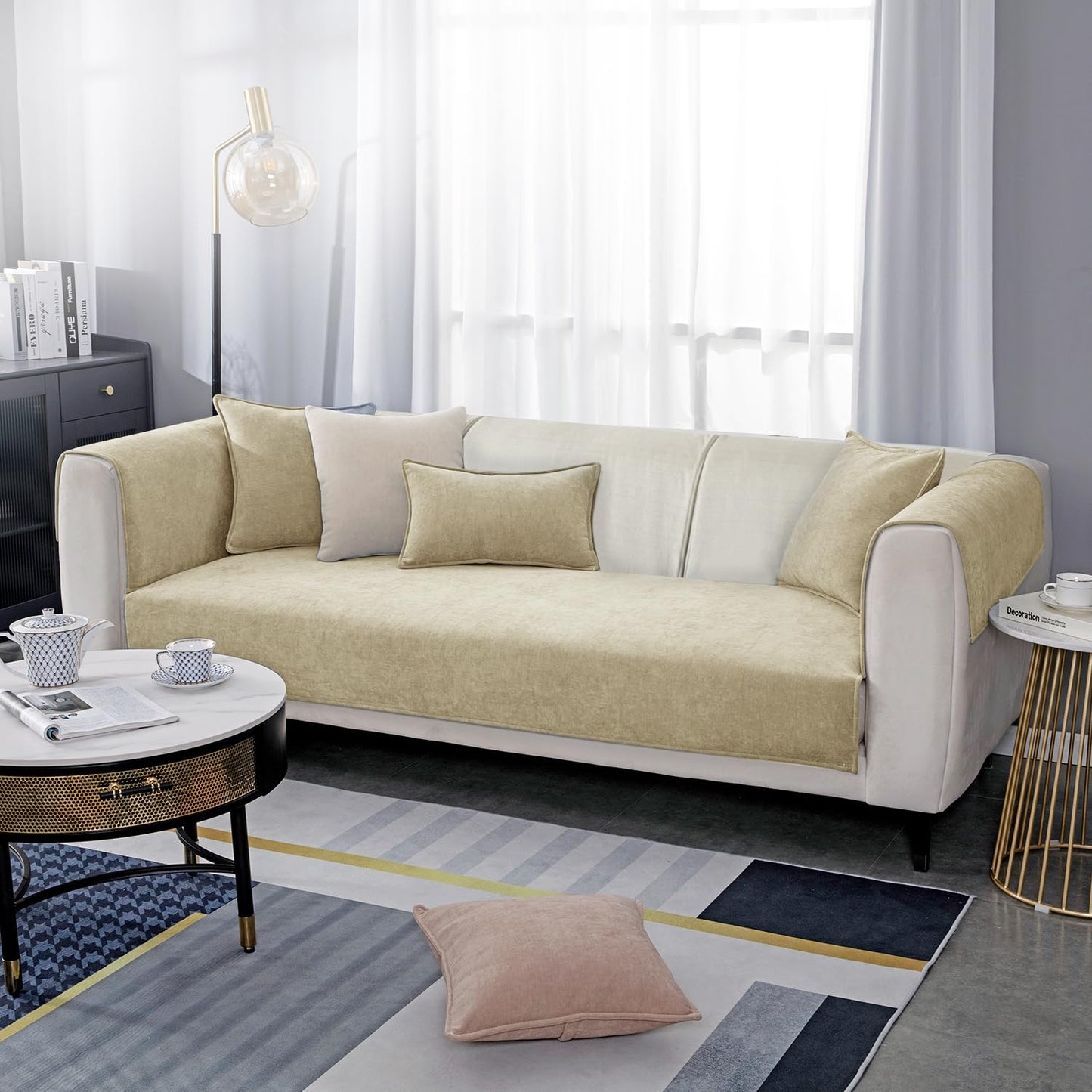 Premium Chenille Sofa Cover Mat with 2 Armrest Cover, Beige