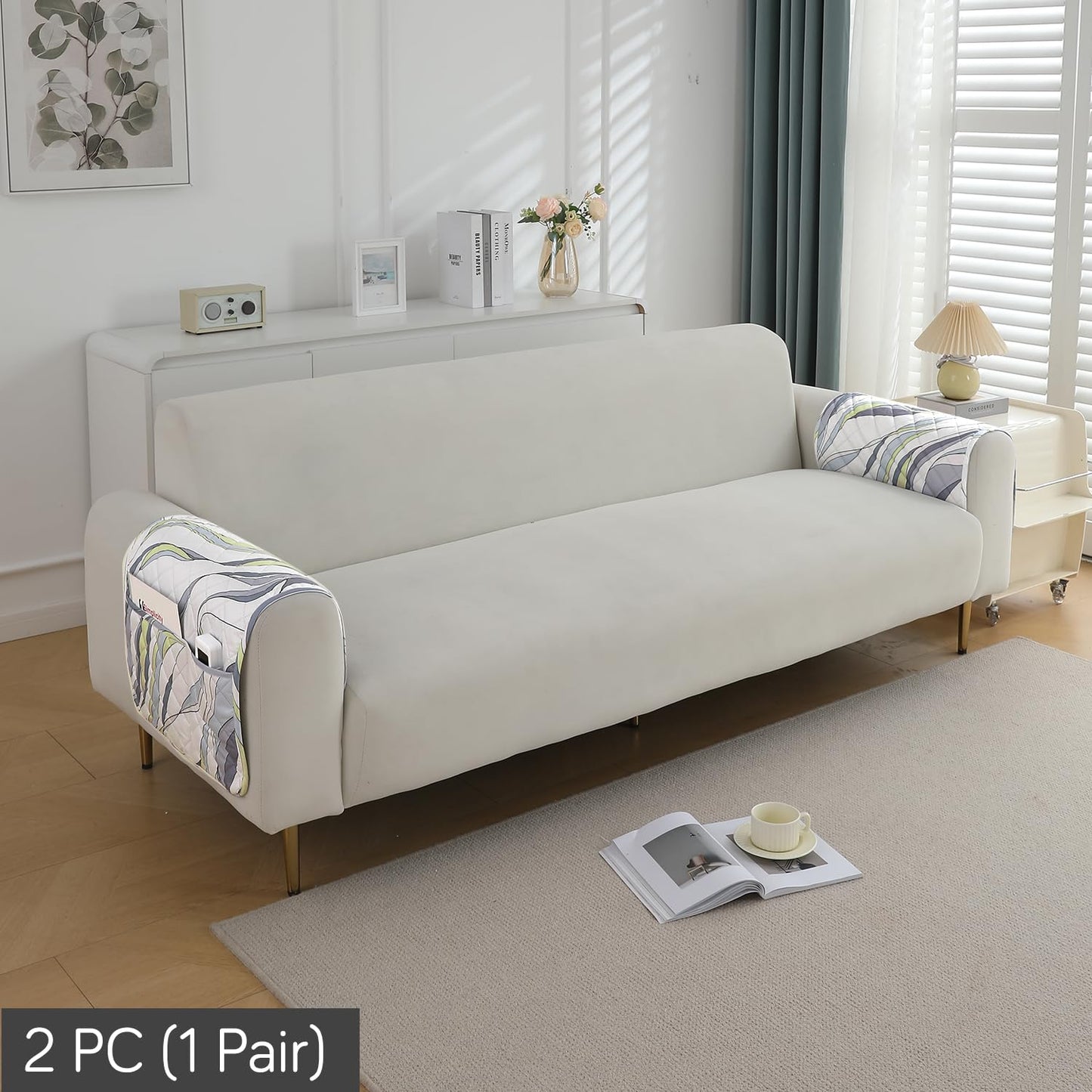 Quilted, Waterproof and Anti-Slip Sofa Cover Mat, Curved Lines Pearl White
