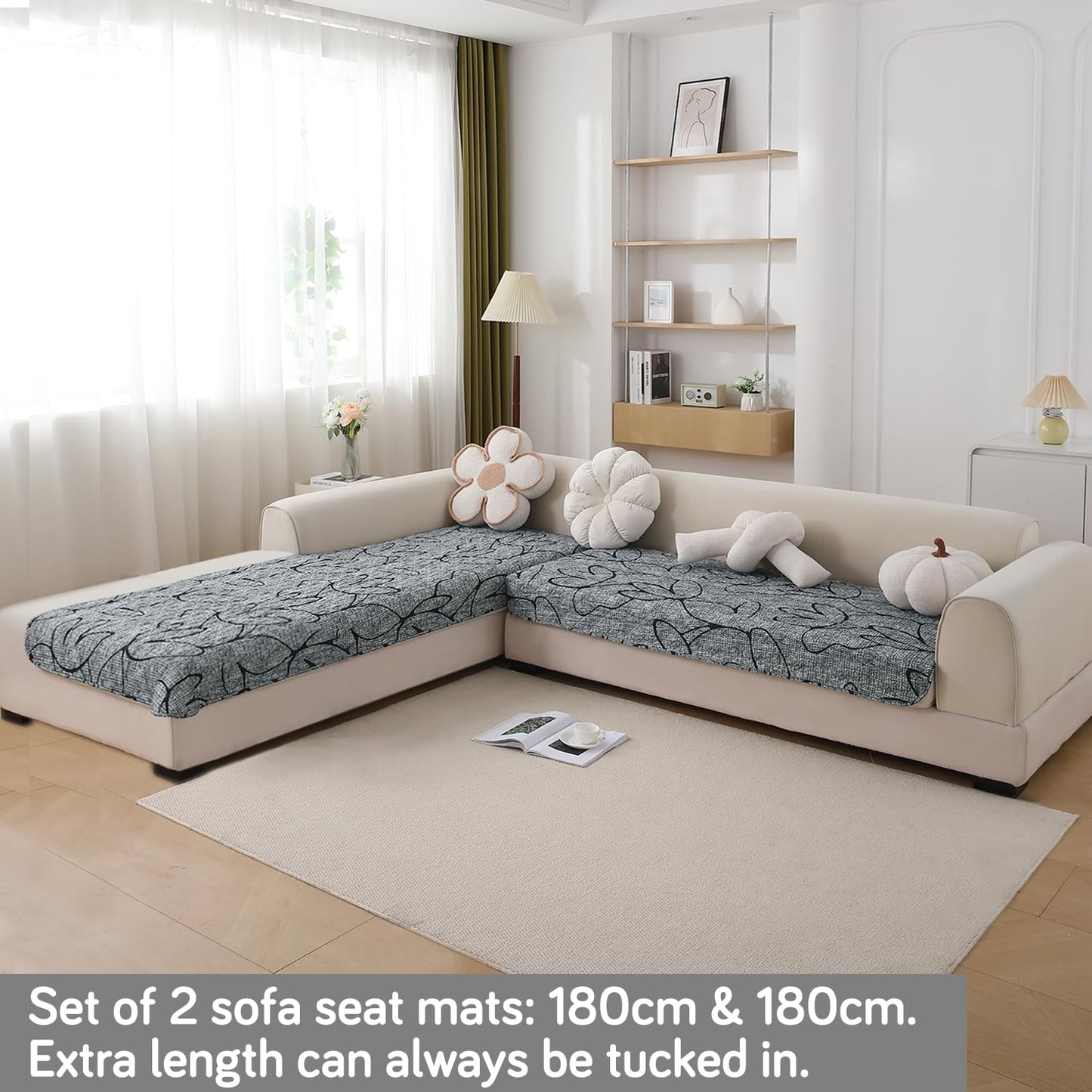 Waterproof Printed Quilted Quick Dry L Shape Sofa Seat Cover Mat, Intense Grey Abstract Floral