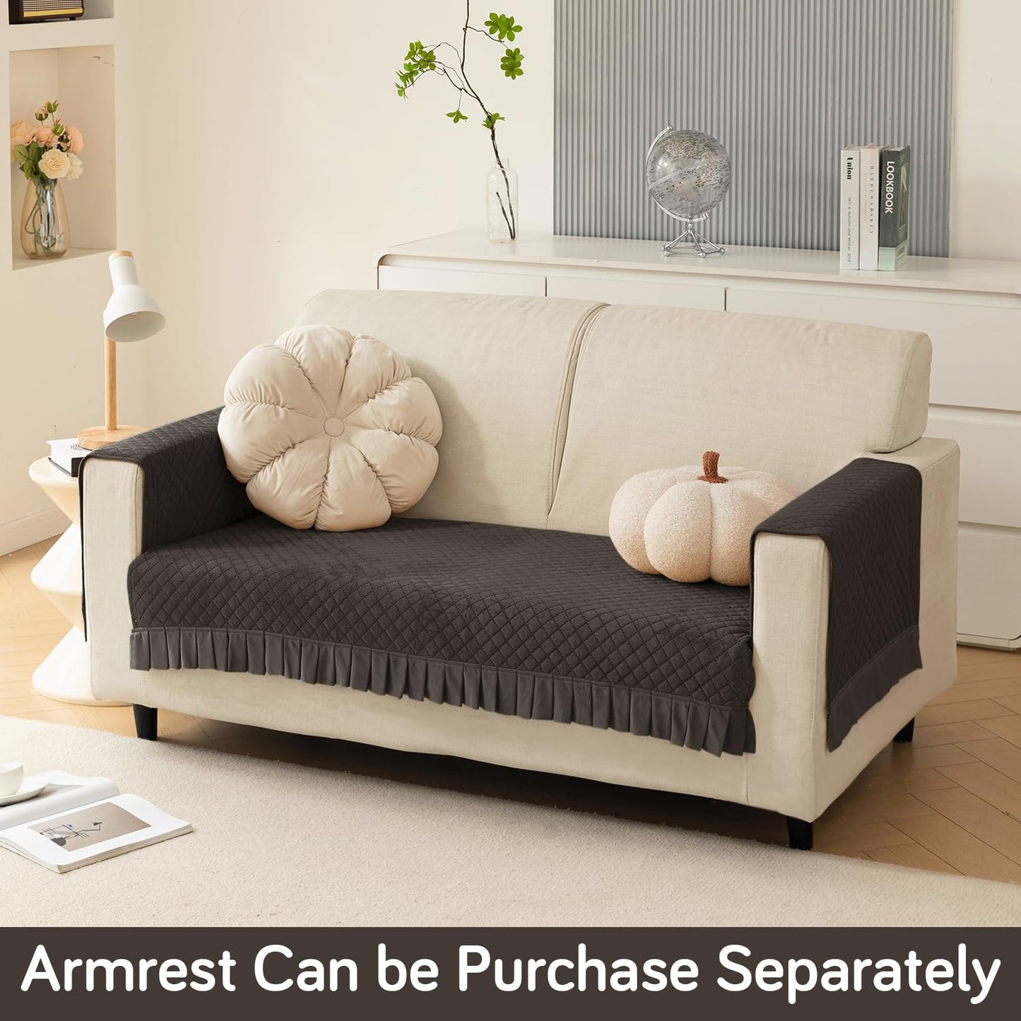 Holland Velvet Sofa Cover Seat Mat with Frill for 1/2/3 - Seater, Dark Grey