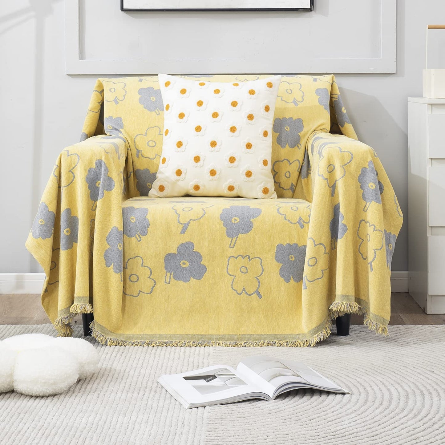 Thick, Soft and Pet Friendly Chenille Sofa Cover Throw, Yellow Floral