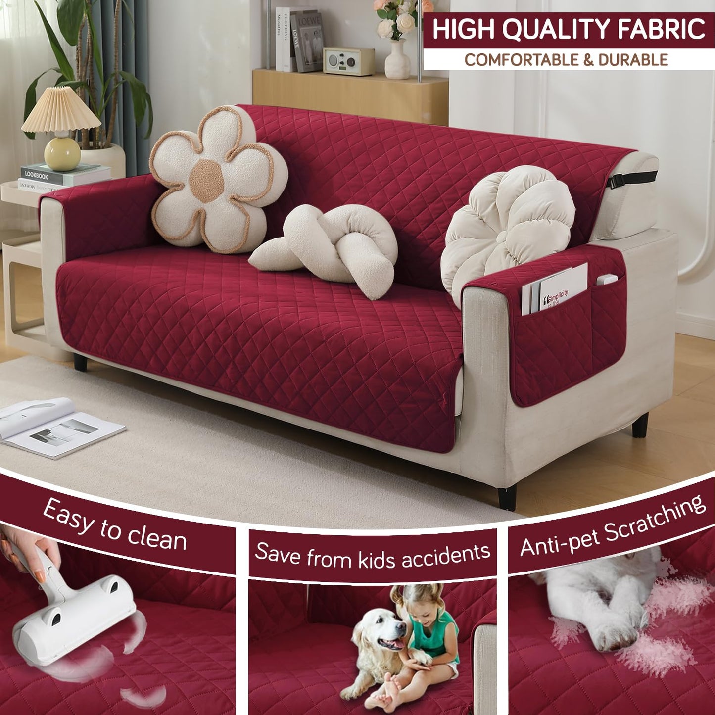 Quilted Waterproof Sofa Cover Mat with Pockets on Armrest Cover - Maroon