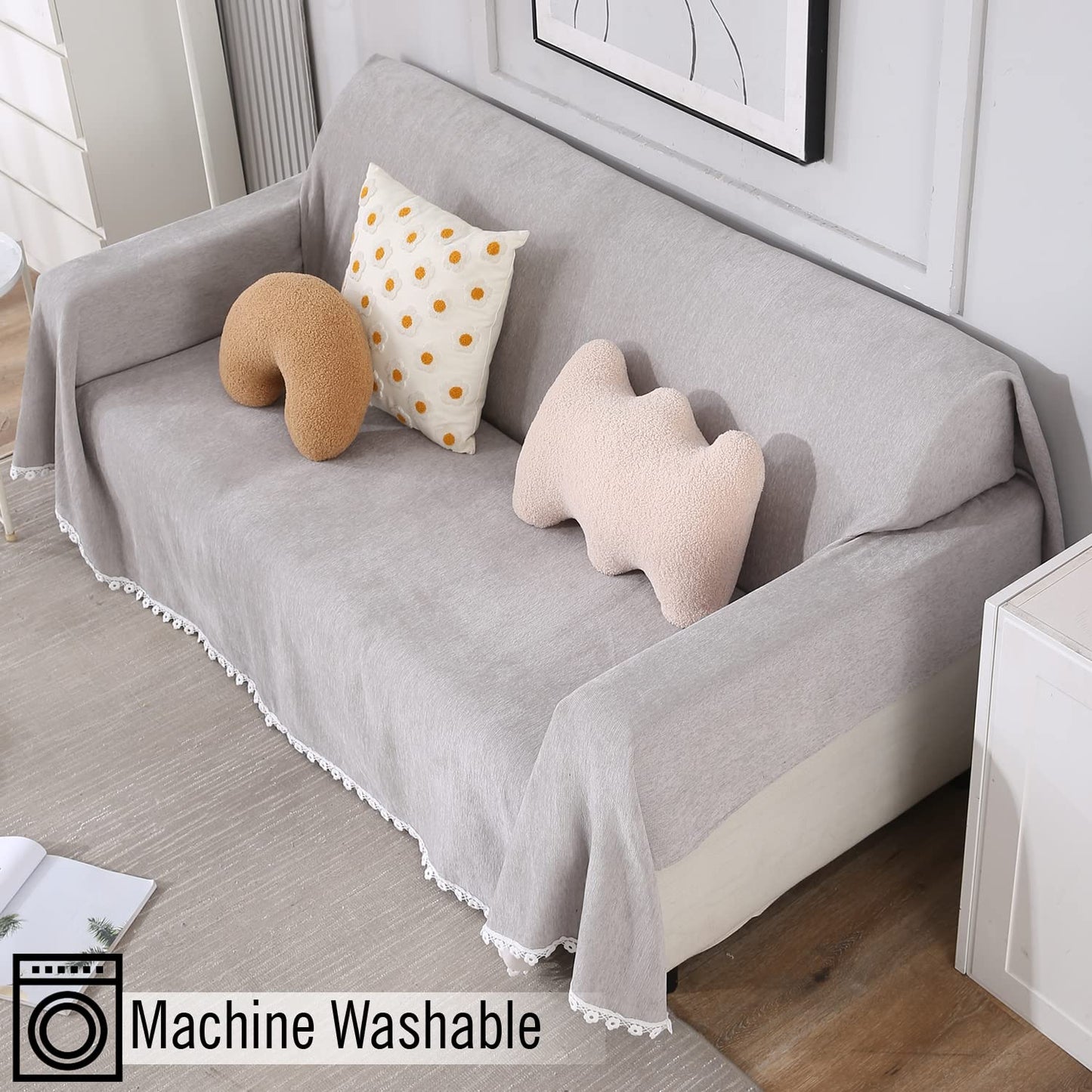 Buy Grey colour chenille sofa throw in size 180(D)x180(L) for one seater, 180(D)x230(L) for two seater, 180(D)x300(L) for 3 seater