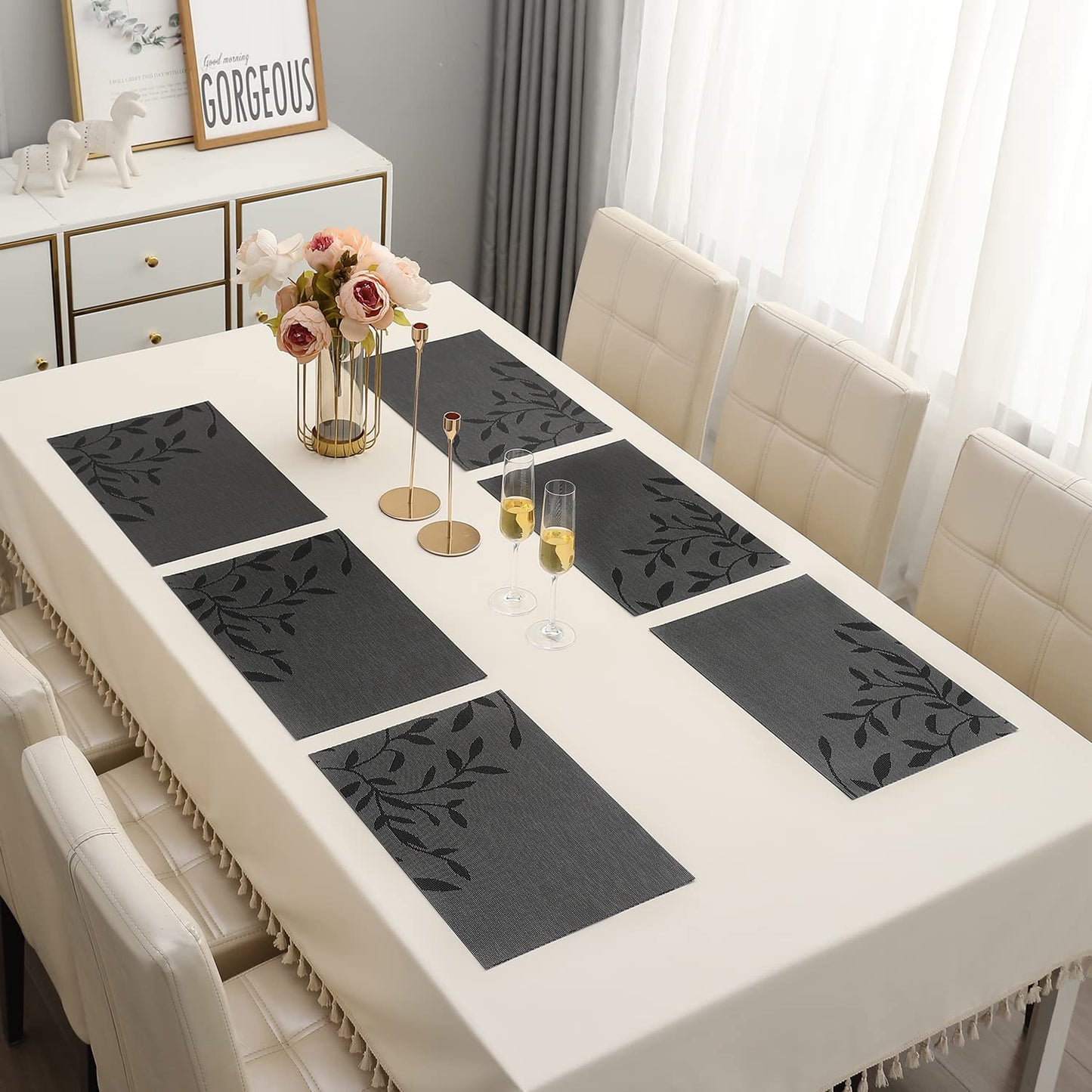 PVC Dining Table Mats, Black Leaves
