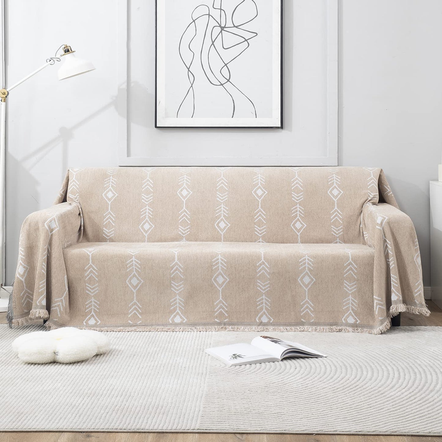 Beige Aztec, Thick, Soft and Pet Friendly Chenille Sofa Cover Throw