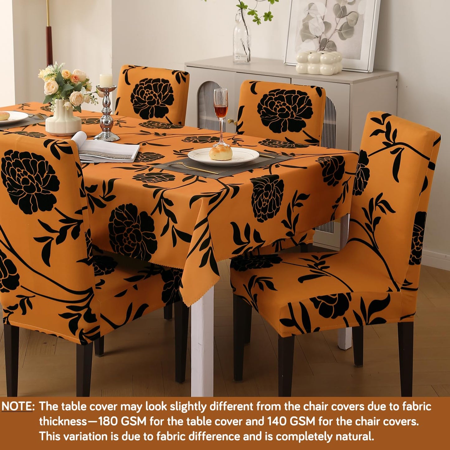 Elastic Dining Chair Covers with Matching Tablecloth, Copper Brown Floral