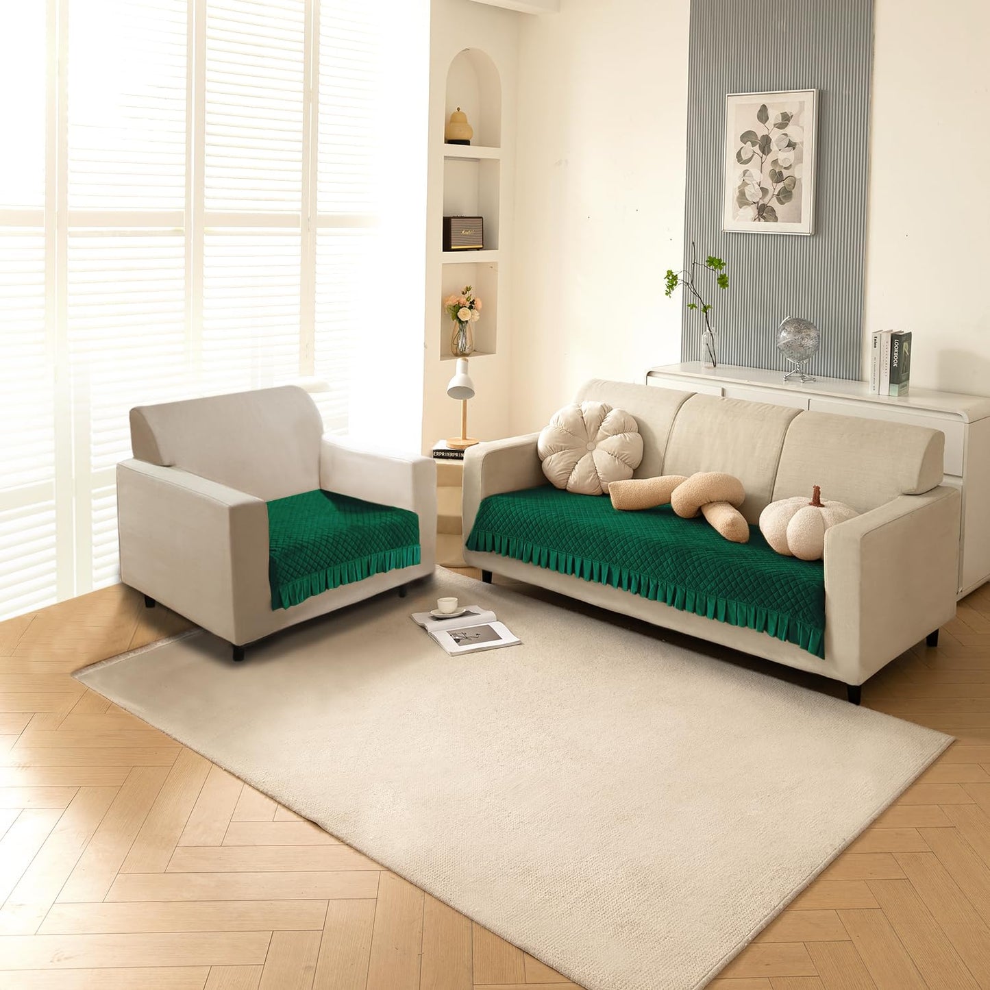 Holland Velvet Sofa Cover Seat Mat with Frill for 1/2/3 - Seater, Bottle Green