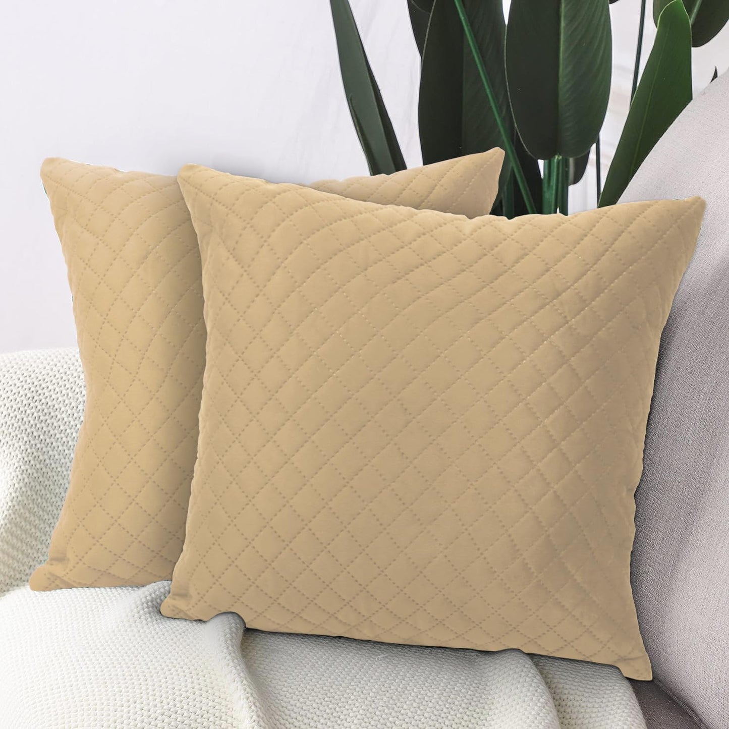 Quilted Velvet Sofa Cushion Cover Pack of 2, Natural Beige