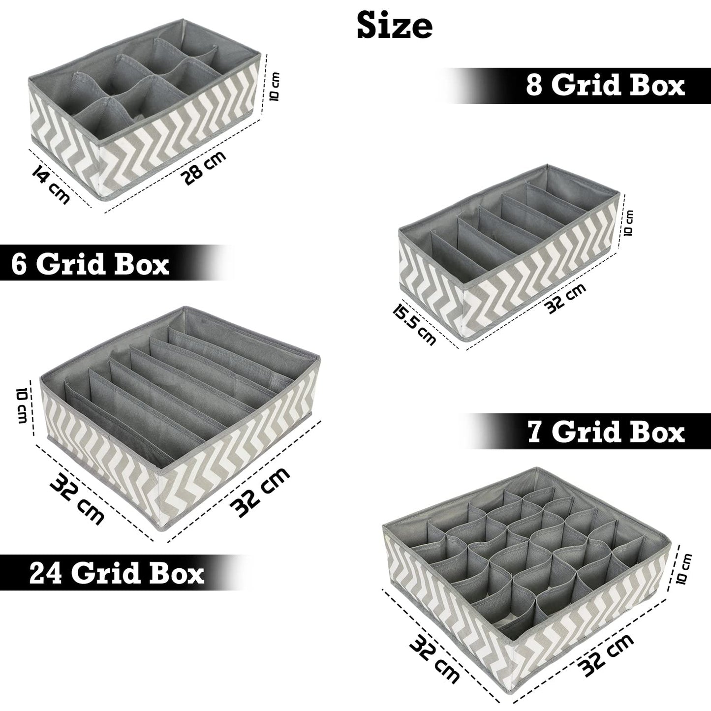 4 Pcs Undergarment Organizer Storage Box for Drawers Bra Panty Socks Tie Lingerie Organizer for Wardrobe, 24x8x7x6 Grid ,inside, Non-Woven Fabric, Grey