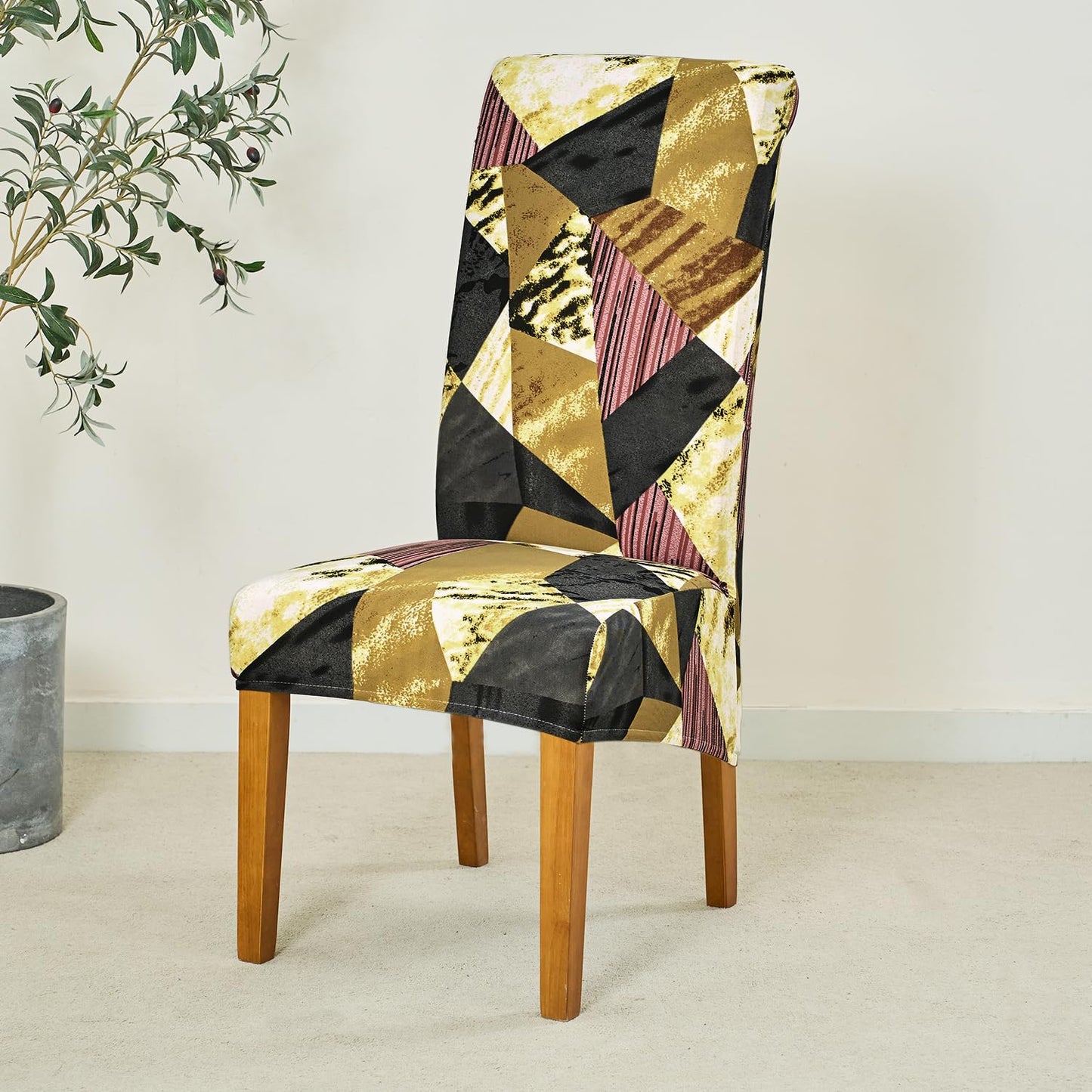 PolySpandex 140gsm High Back Dining Chair Cover Set of 1/2/4/6, Wine Abstract Geometry