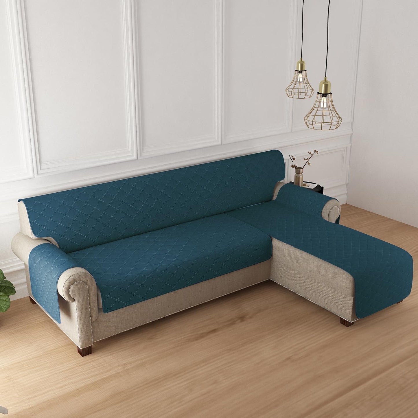 Quilted Reversible One Piece L Shape 4/5/6 Seater Sofa Cover Mat, Peacock Blue