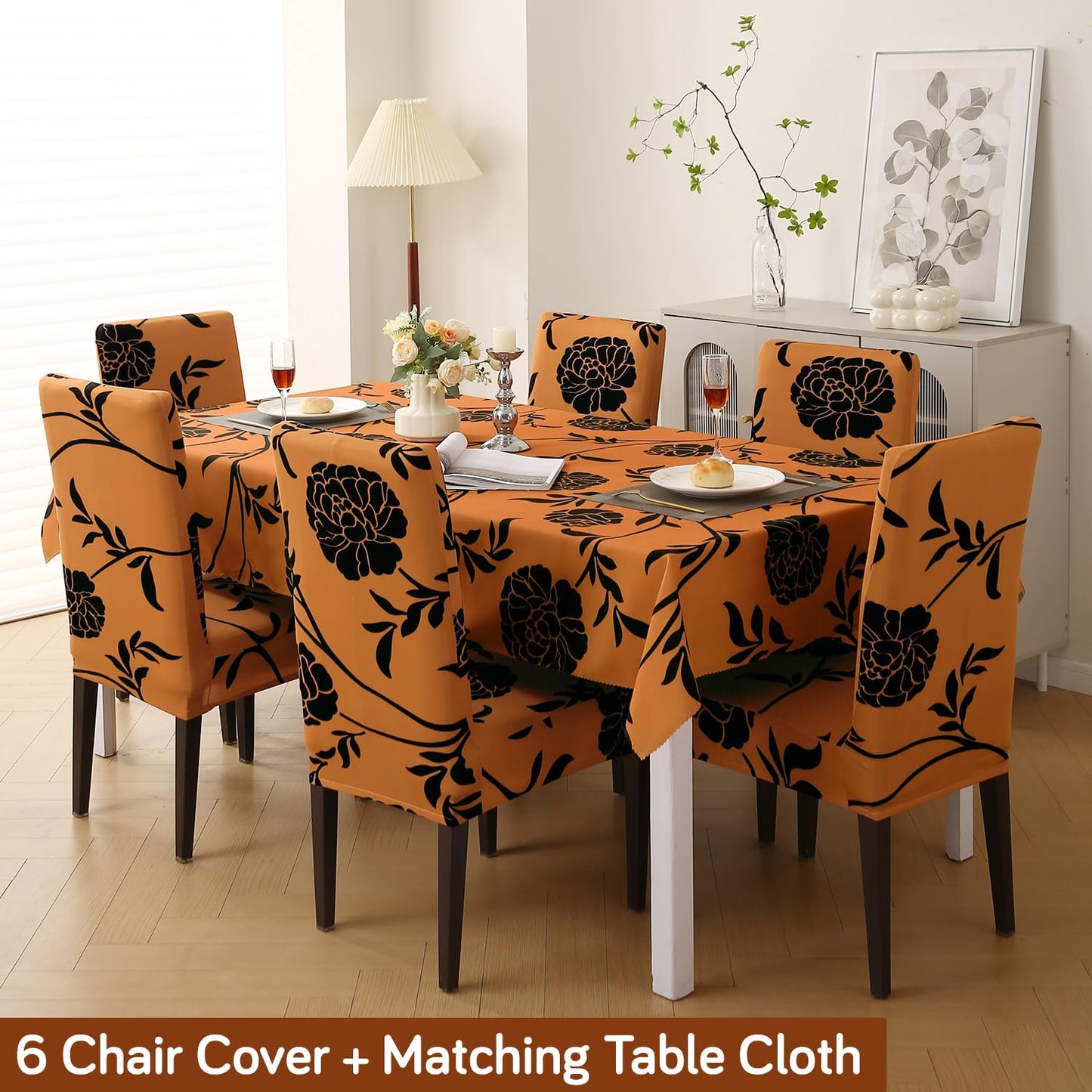 Elastic Dining Chair Covers with Matching Tablecloth, Copper Brown Floral