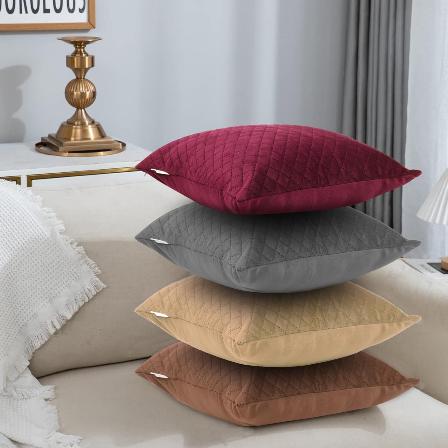 Quilted Velvet Sofa Cushion Cover Pack of 2, Natural Beige
