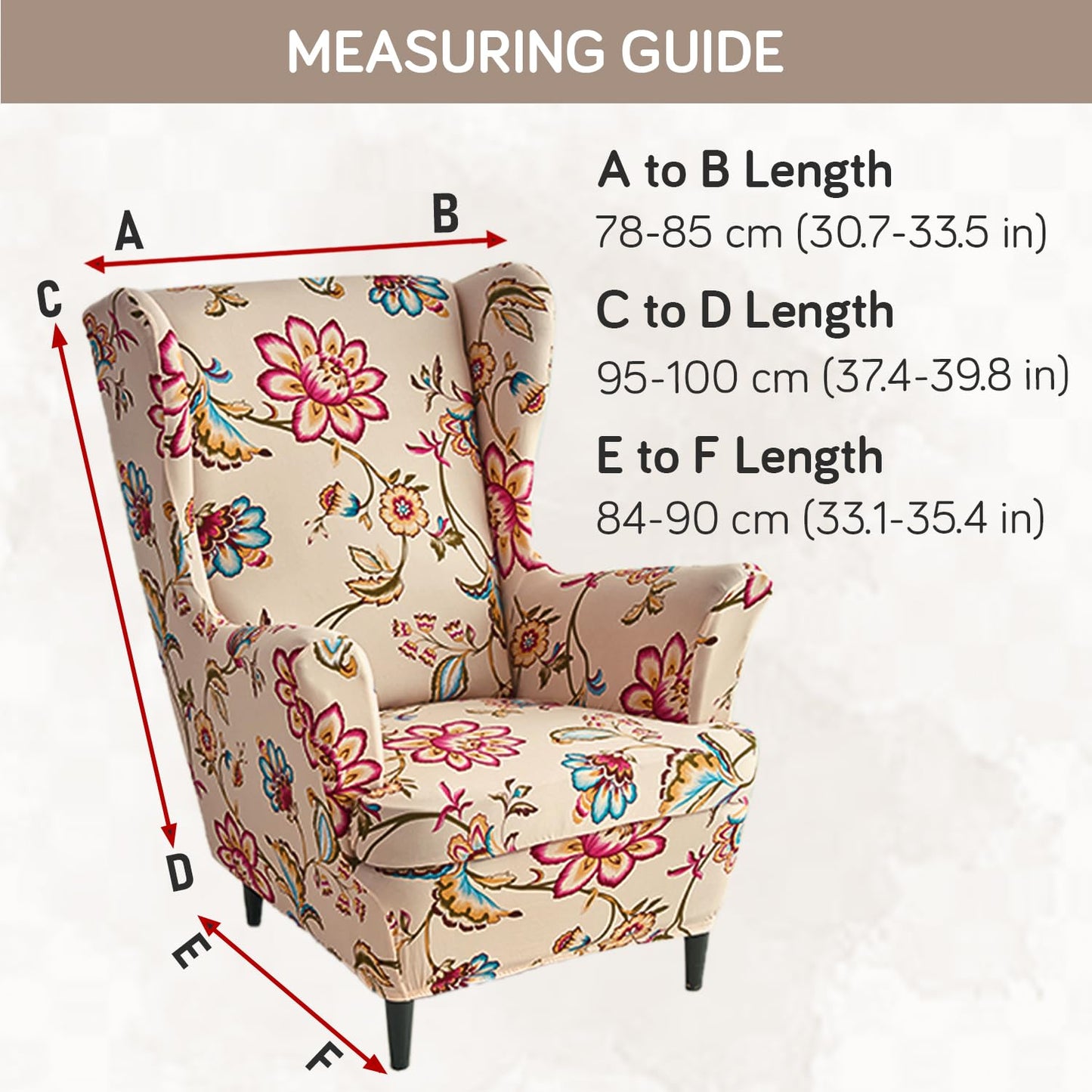 Beach Beige Dahlia Stretchable Chair Cover for Wingback Chair size guide