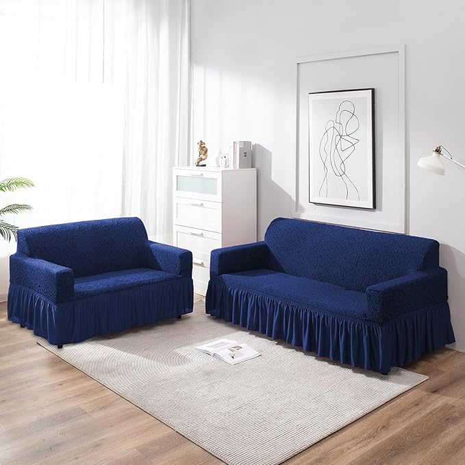 Navy Blue designer woven jacquard frill sofa cover for 3 2 seater sofa