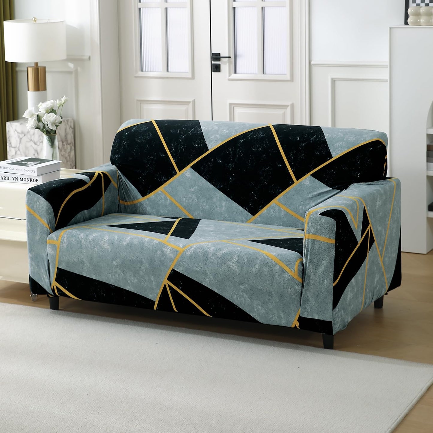 Abstract Geometry Print non slip stretchable two seater sofa cover